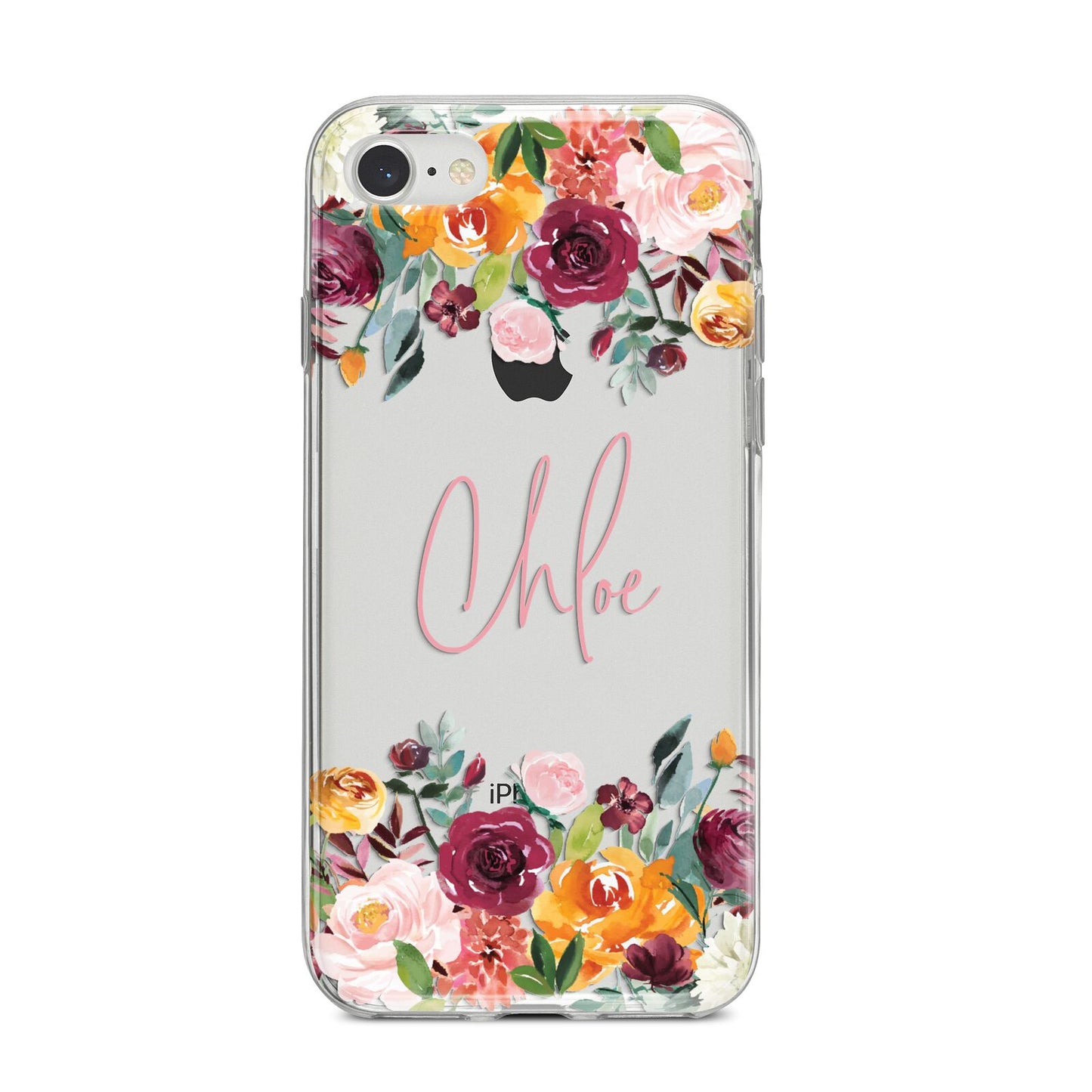 Personalised Name Transparent Flowers iPhone 8 Bumper Case on Silver iPhone