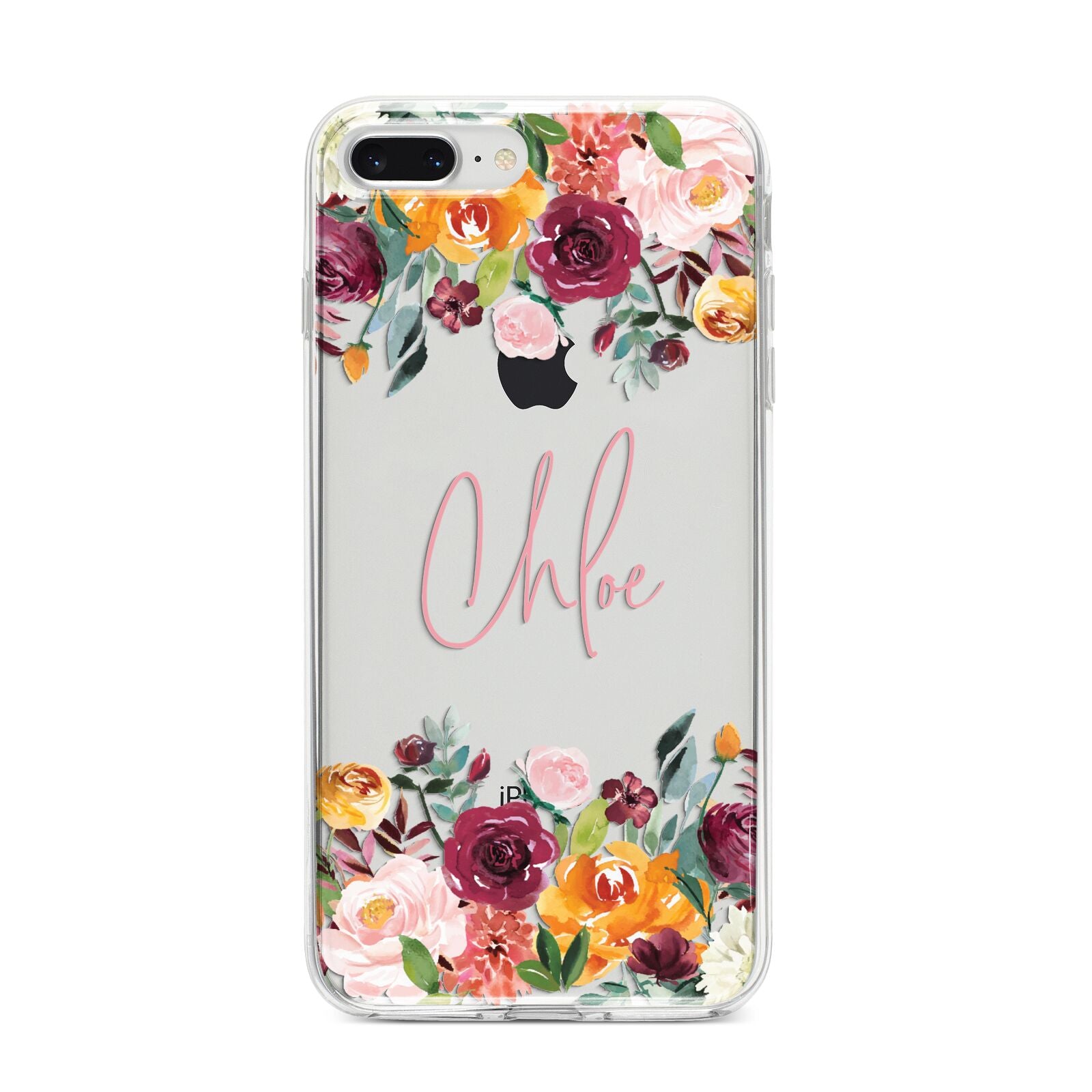 Personalised Name Transparent Flowers iPhone 8 Plus Bumper Case on Silver iPhone