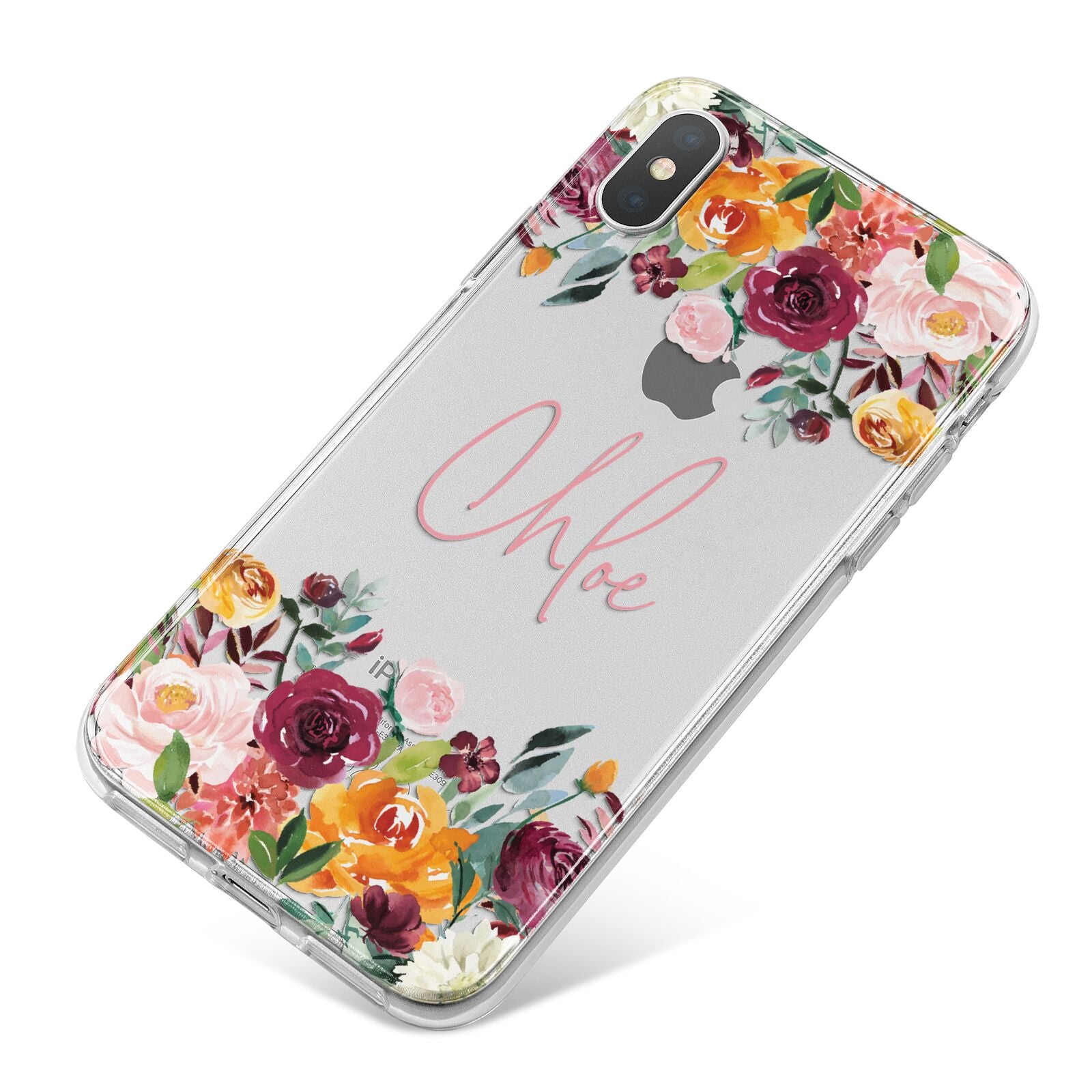 Personalised Name Transparent Flowers iPhone X Bumper Case on Silver iPhone