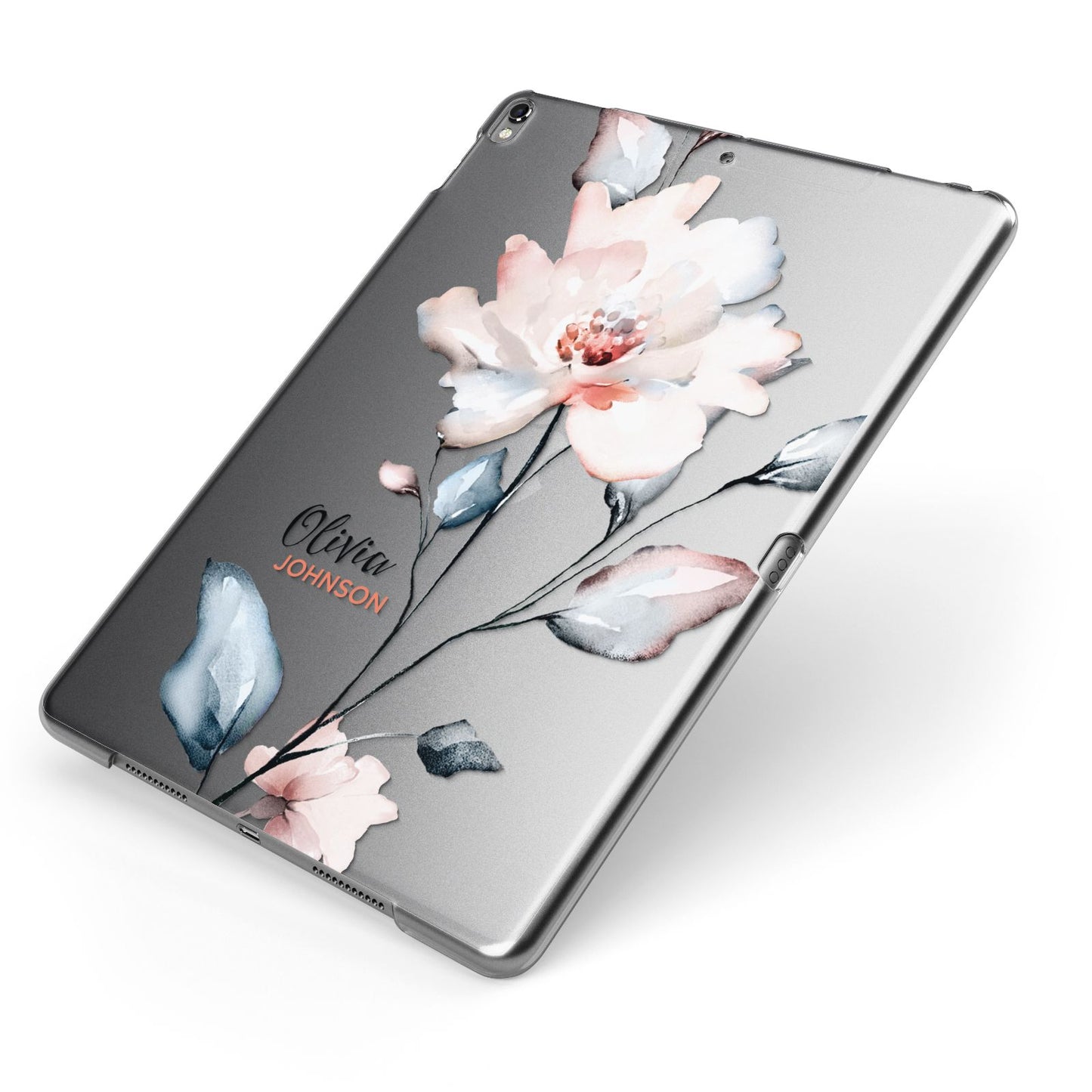 Personalised Name Watercolour Roses Apple iPad Case on Grey iPad Side View
