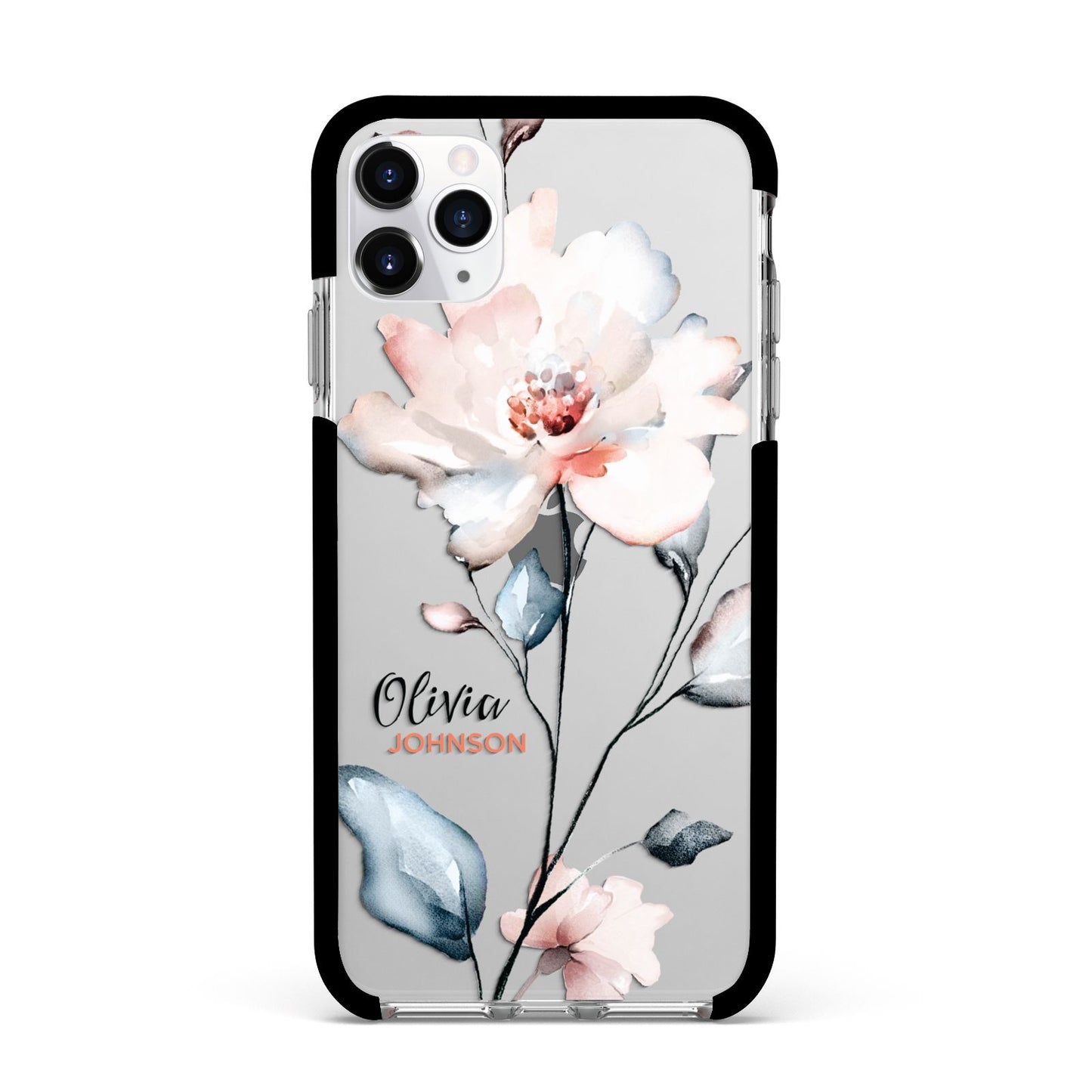 Personalised Name Watercolour Roses Apple iPhone 11 Pro Max in Silver with Black Impact Case