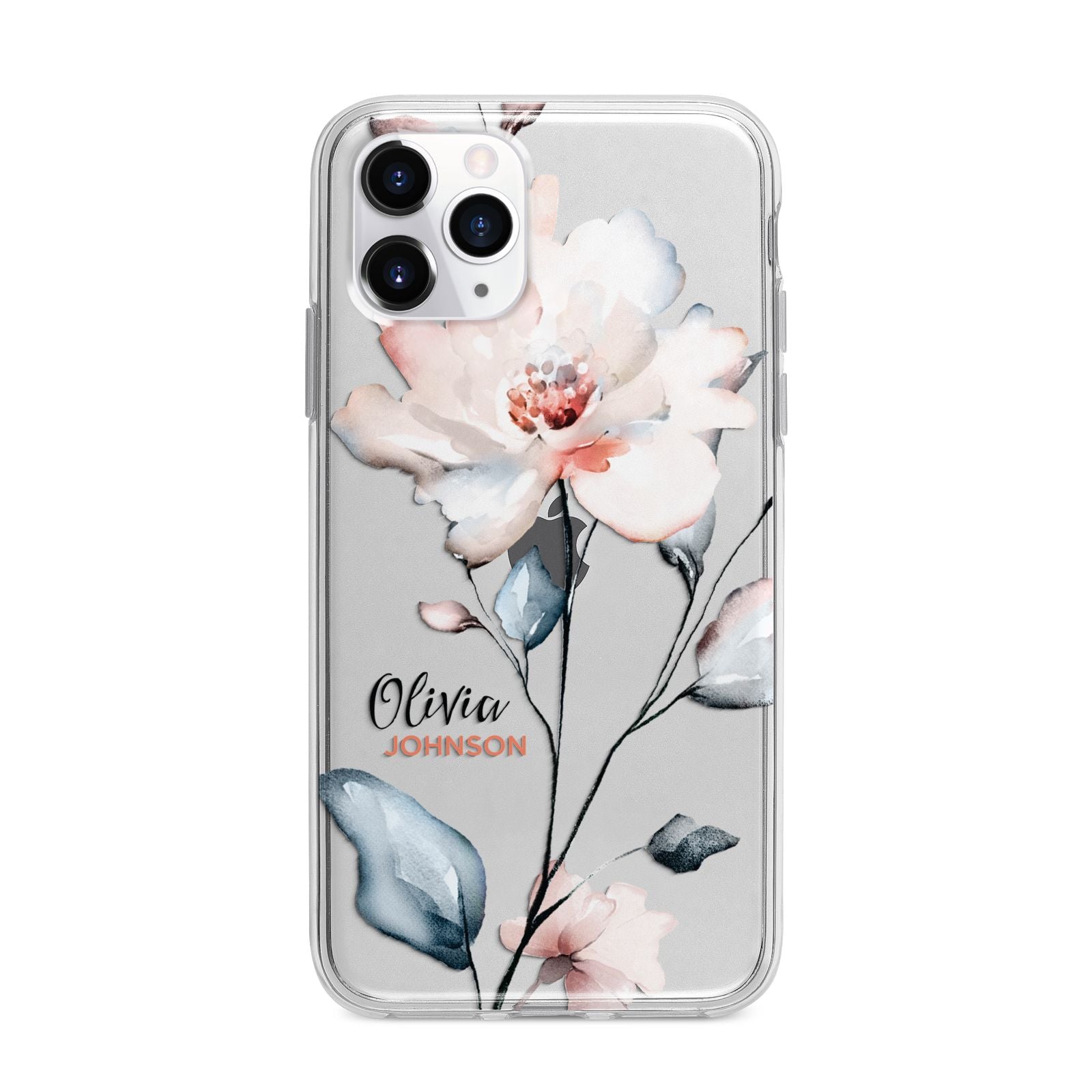 Personalised Name Watercolour Roses Apple iPhone 11 Pro Max in Silver with Bumper Case