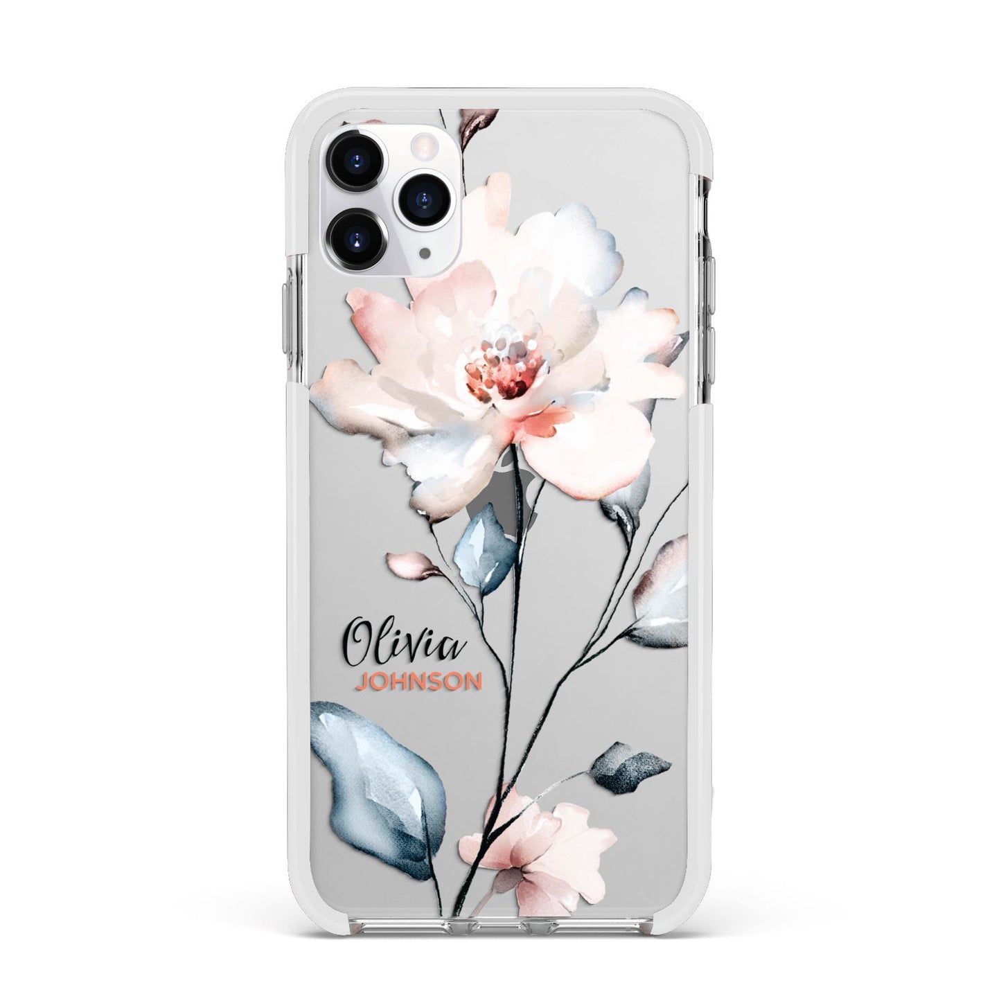 Personalised Name Watercolour Roses Apple iPhone 11 Pro Max in Silver with White Impact Case