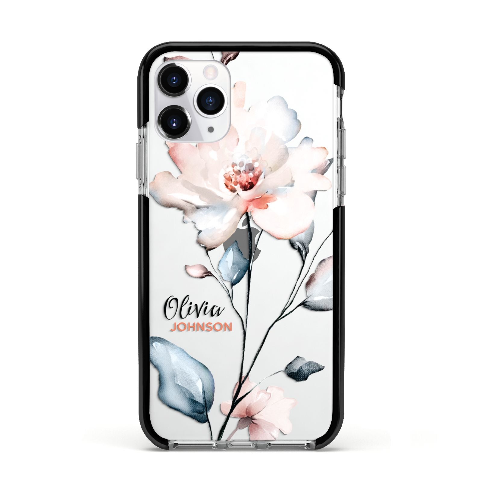 Personalised Name Watercolour Roses Apple iPhone 11 Pro in Silver with Black Impact Case