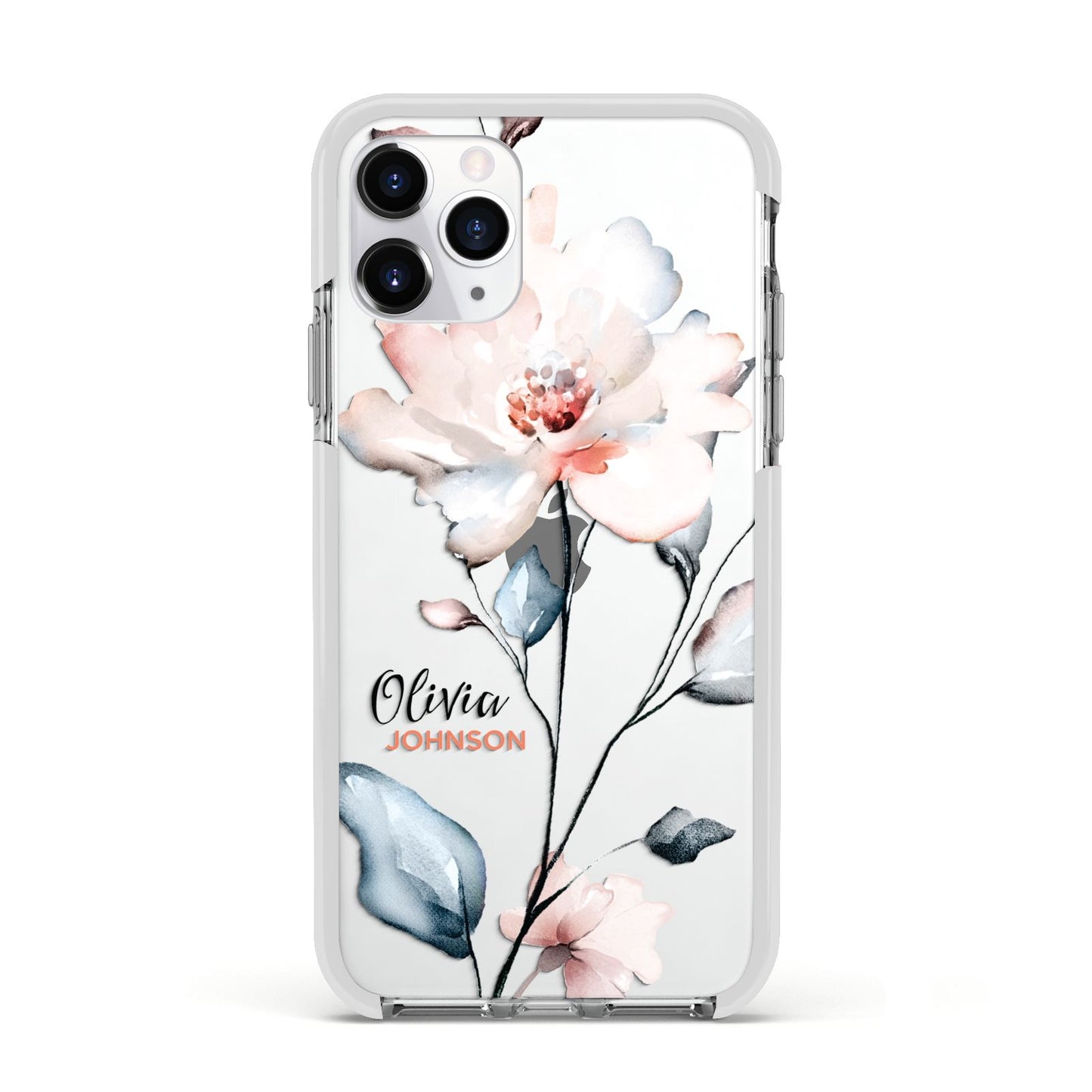 Personalised Name Watercolour Roses Apple iPhone 11 Pro in Silver with White Impact Case