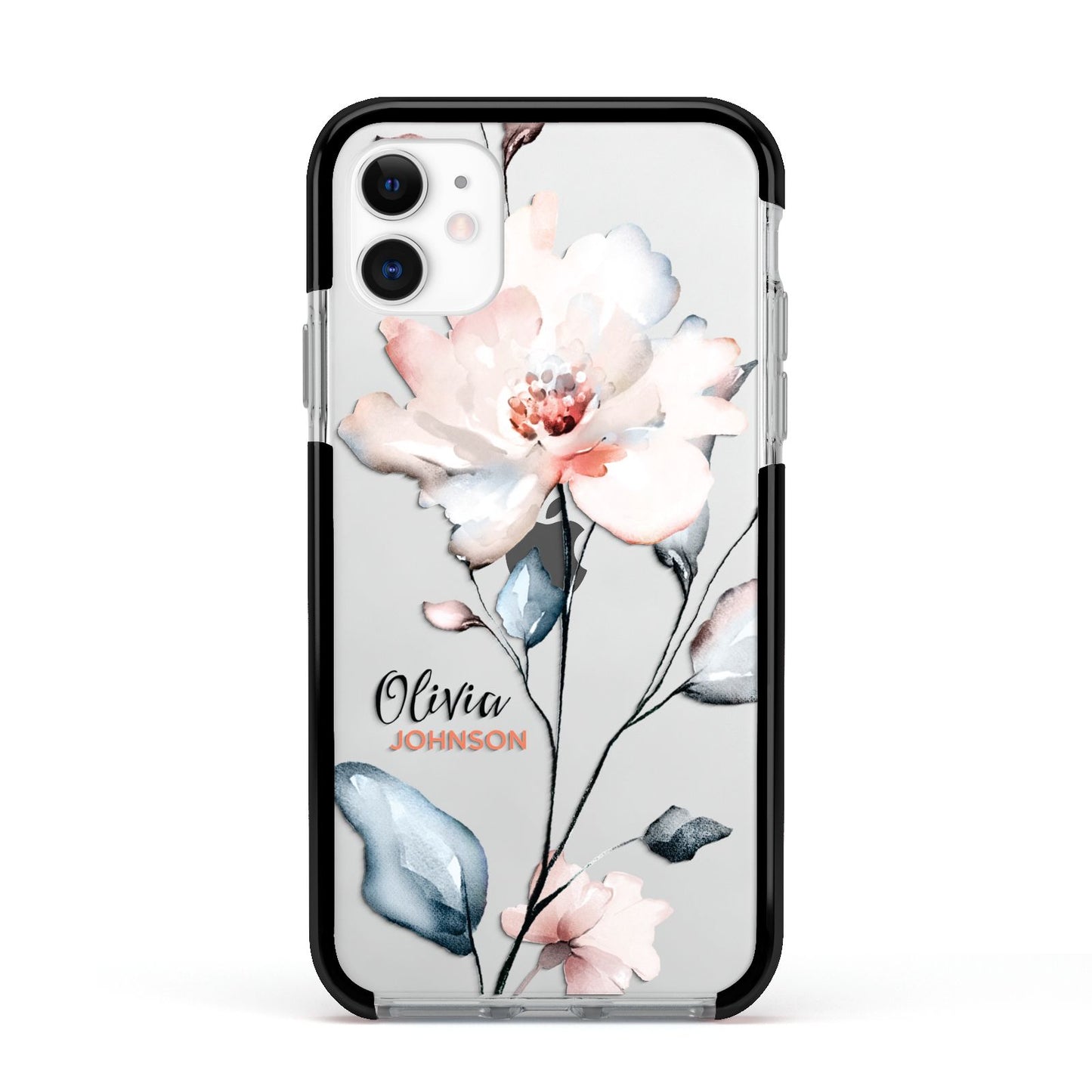 Personalised Name Watercolour Roses Apple iPhone 11 in White with Black Impact Case