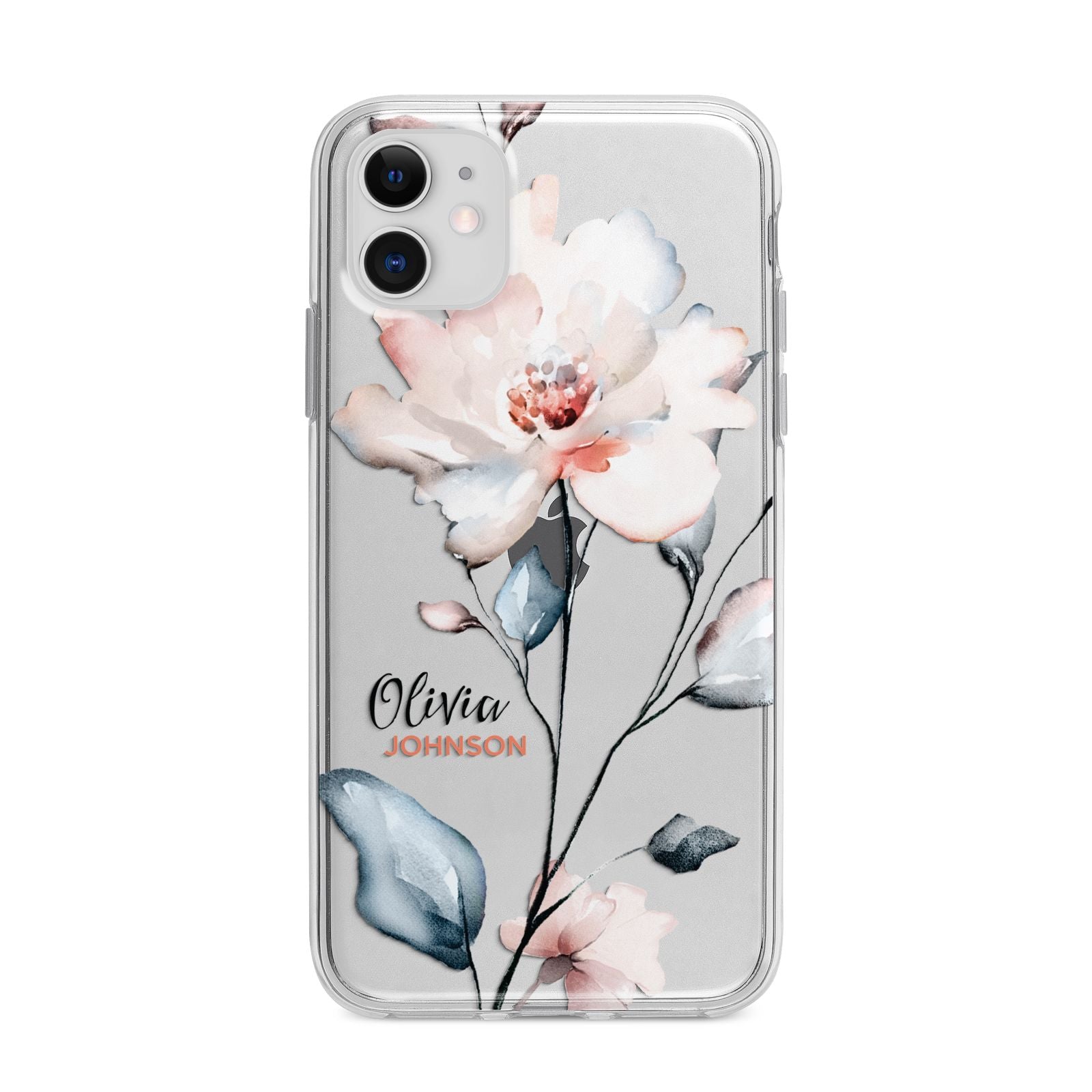 Personalised Name Watercolour Roses Apple iPhone 11 in White with Bumper Case