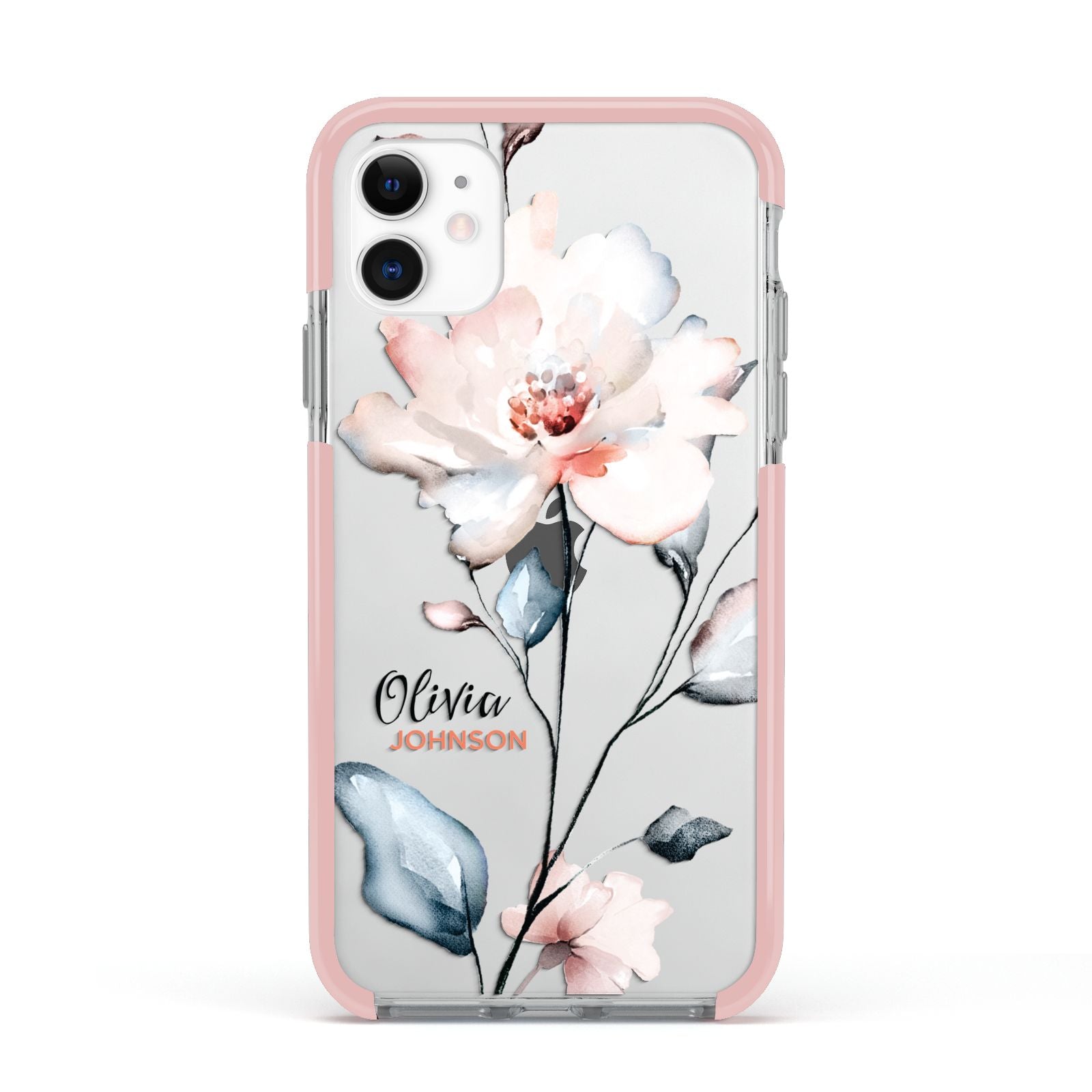 Personalised Name Watercolour Roses Apple iPhone 11 in White with Pink Impact Case