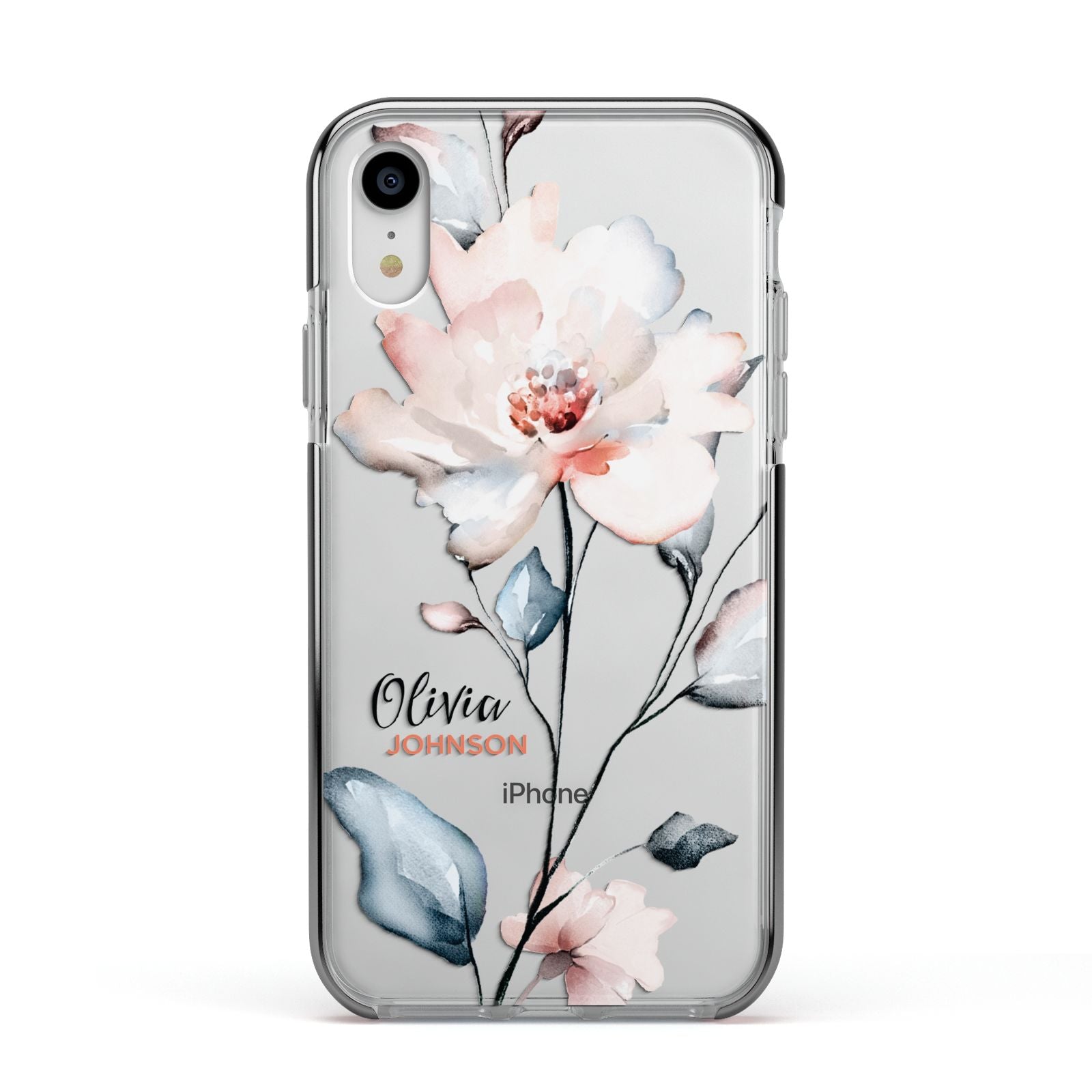 Personalised Name Watercolour Roses Apple iPhone XR Impact Case Black Edge on Silver Phone