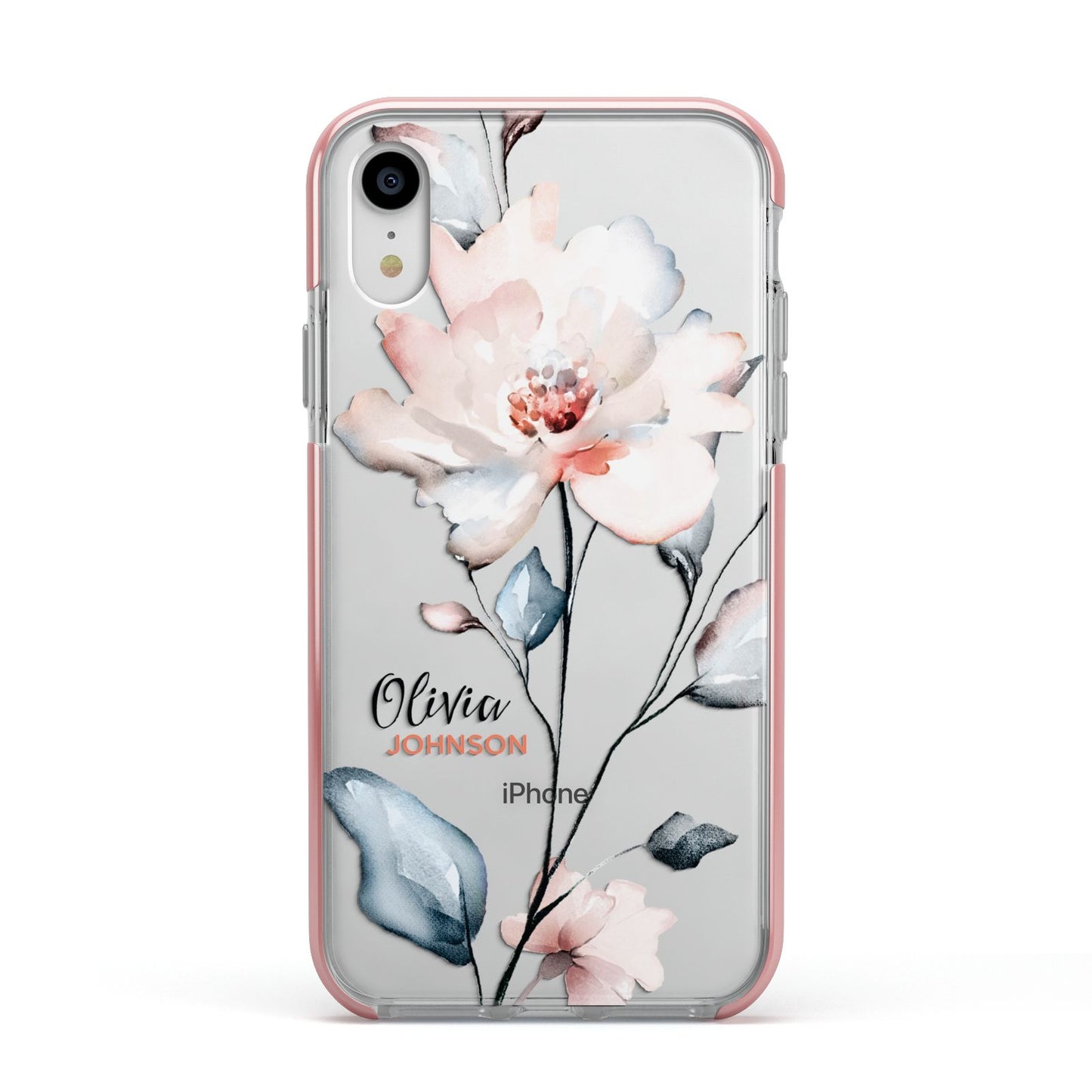 Personalised Name Watercolour Roses Apple iPhone XR Impact Case Pink Edge on Silver Phone