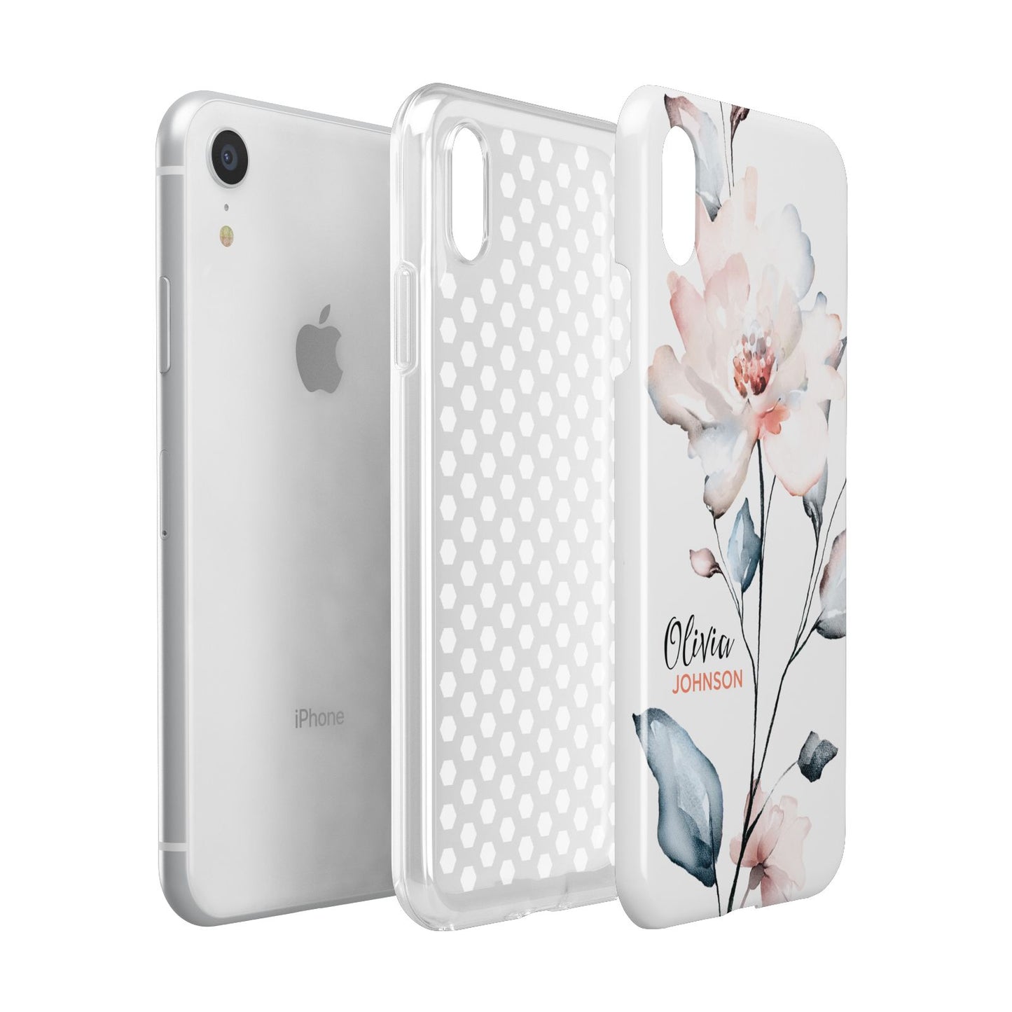 Personalised Name Watercolour Roses Apple iPhone XR White 3D Tough Case Expanded view