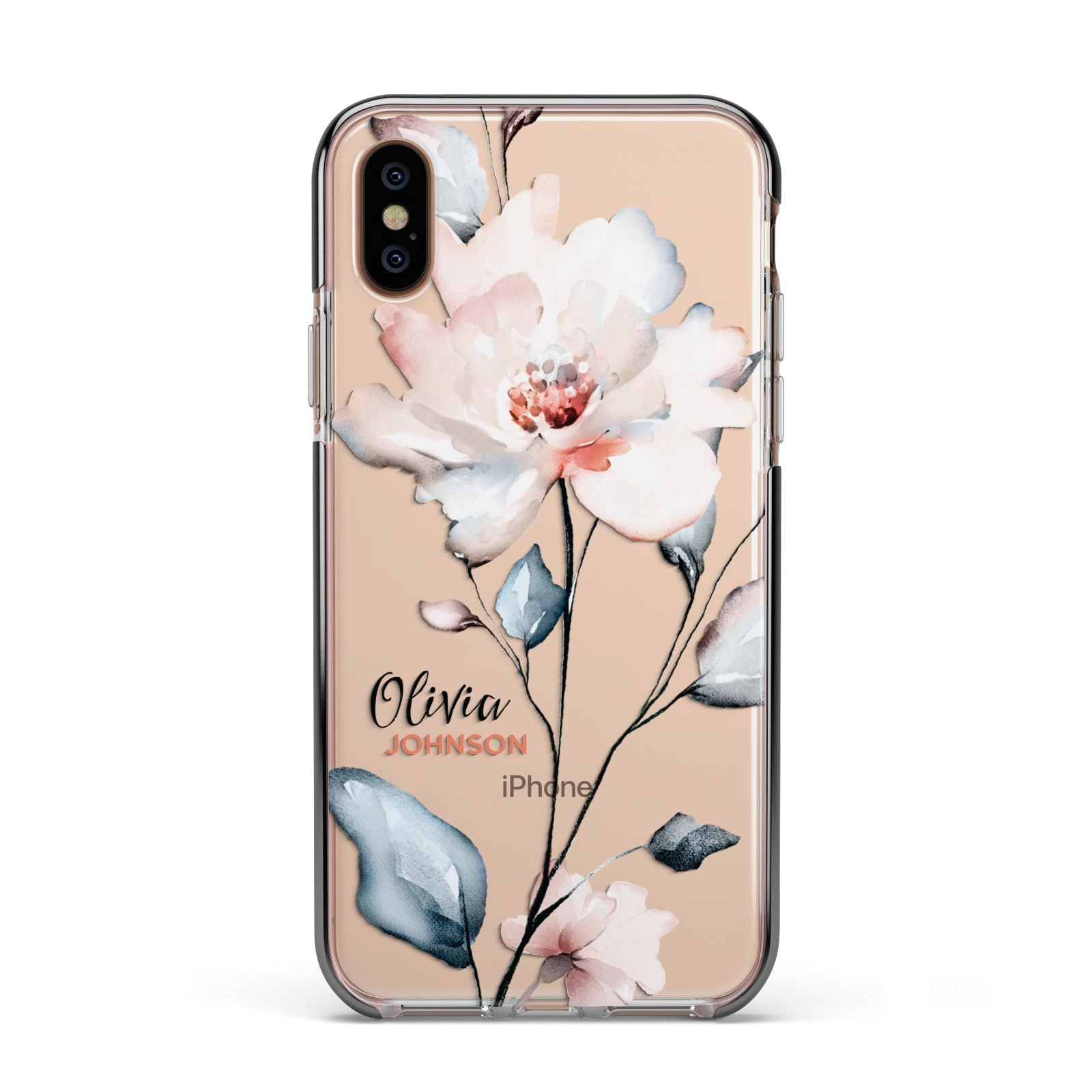 Personalised Name Watercolour Roses Apple iPhone Xs Impact Case Black Edge on Gold Phone