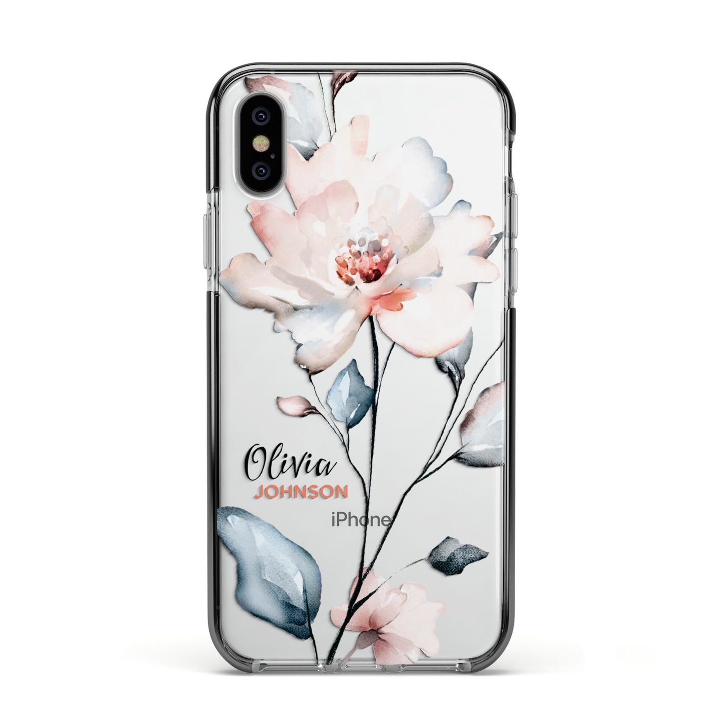 Personalised Name Watercolour Roses Apple iPhone Xs Impact Case Black Edge on Silver Phone