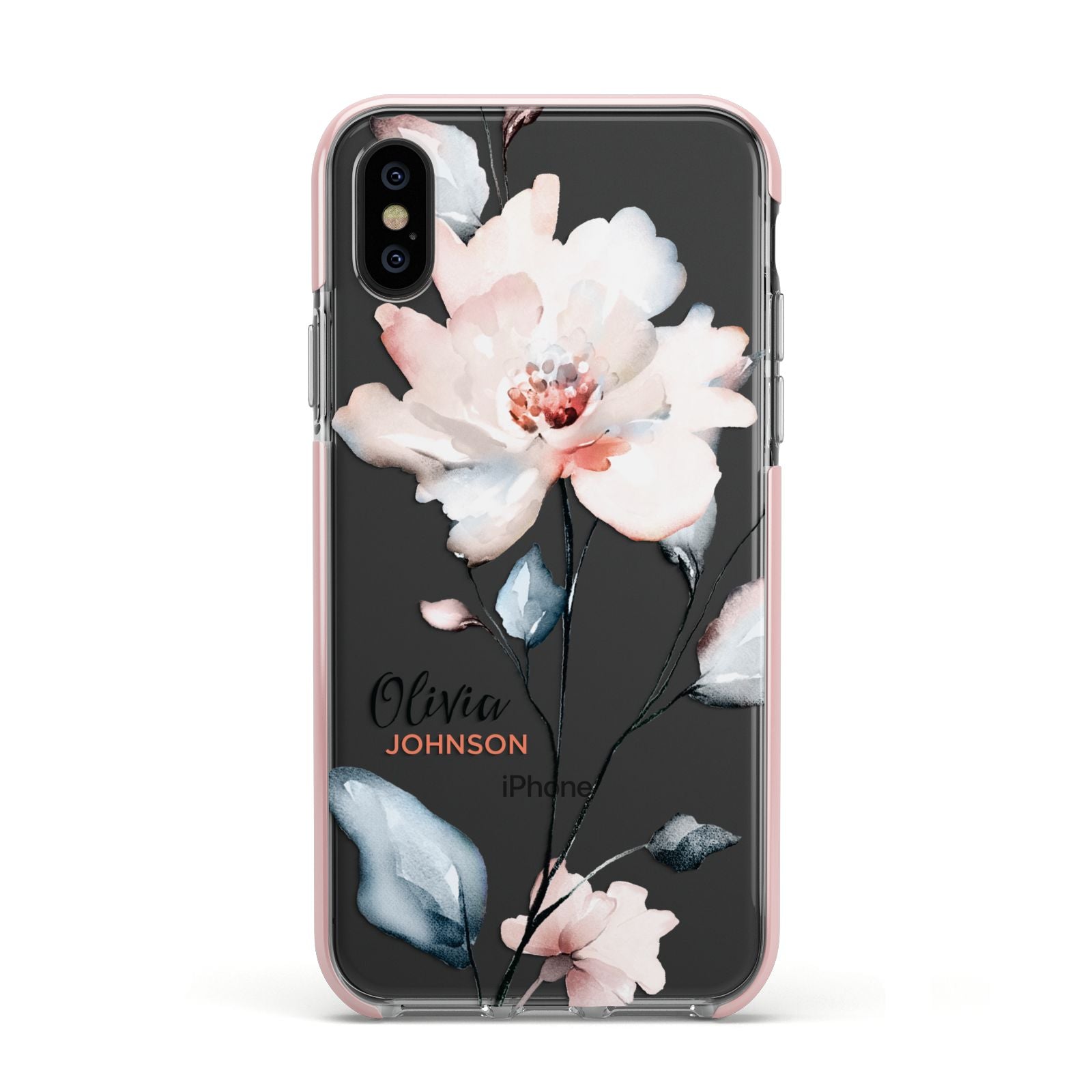 Personalised Name Watercolour Roses Apple iPhone Xs Impact Case Pink Edge on Black Phone