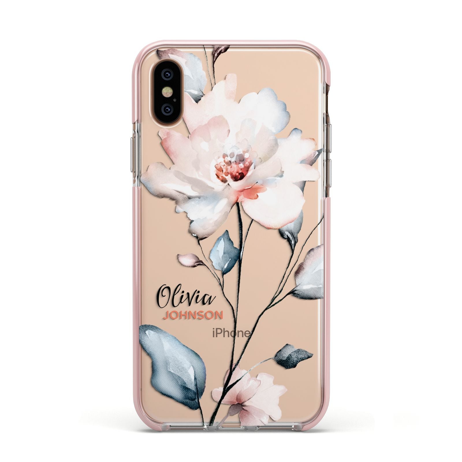 Personalised Name Watercolour Roses Apple iPhone Xs Impact Case Pink Edge on Gold Phone