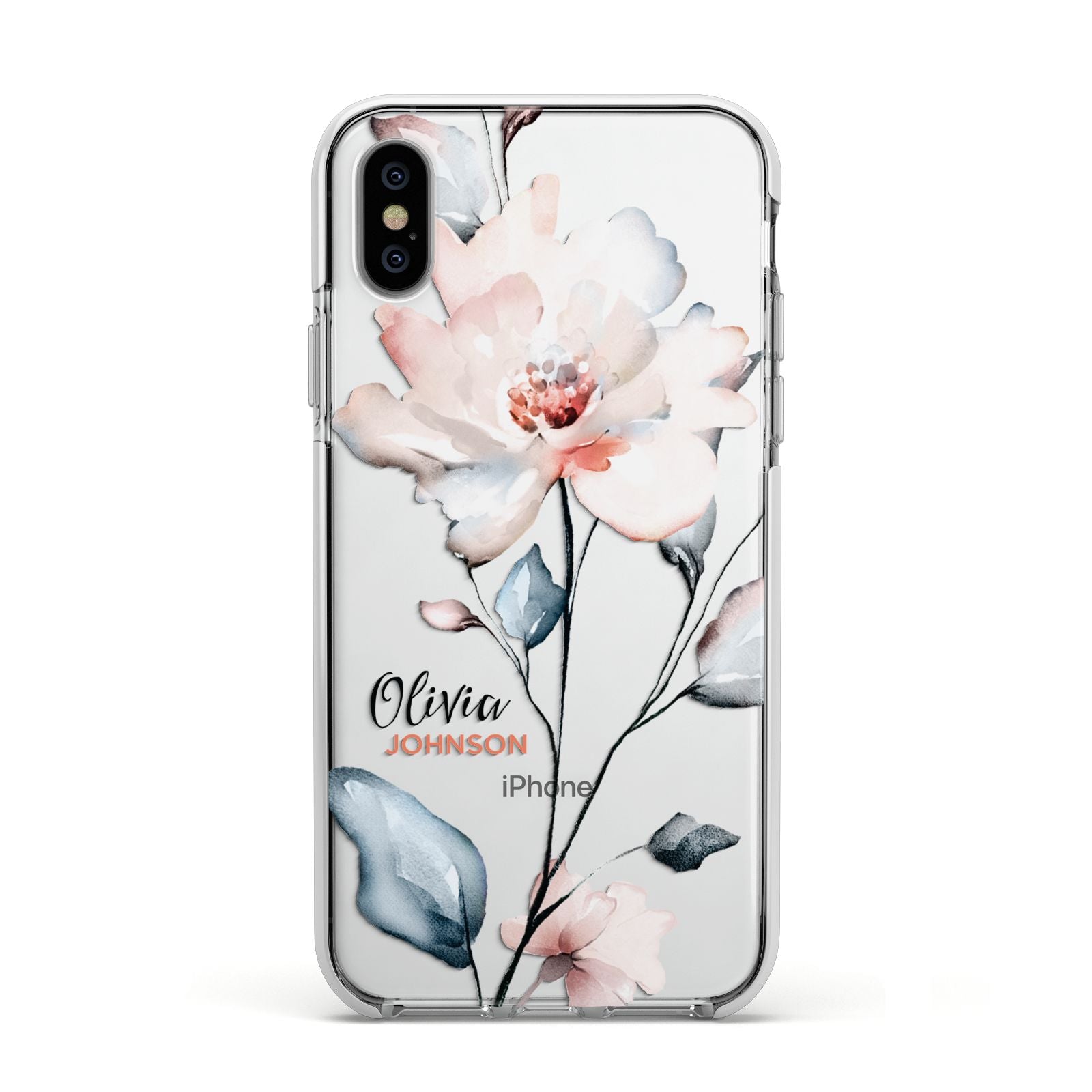 Personalised Name Watercolour Roses Apple iPhone Xs Impact Case White Edge on Silver Phone