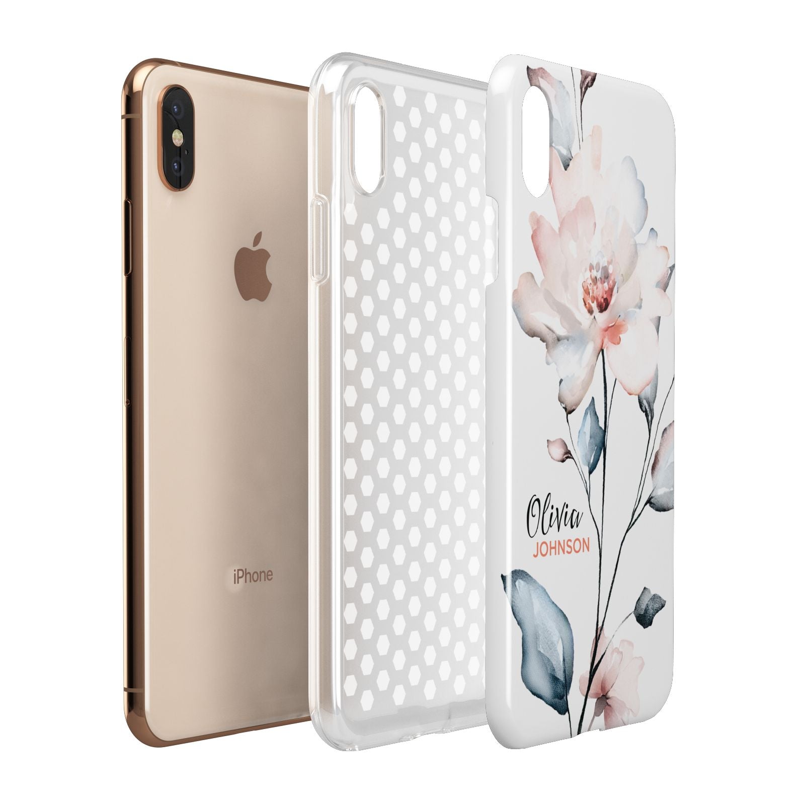 Personalised Name Watercolour Roses Apple iPhone Xs Max 3D Tough Case Expanded View