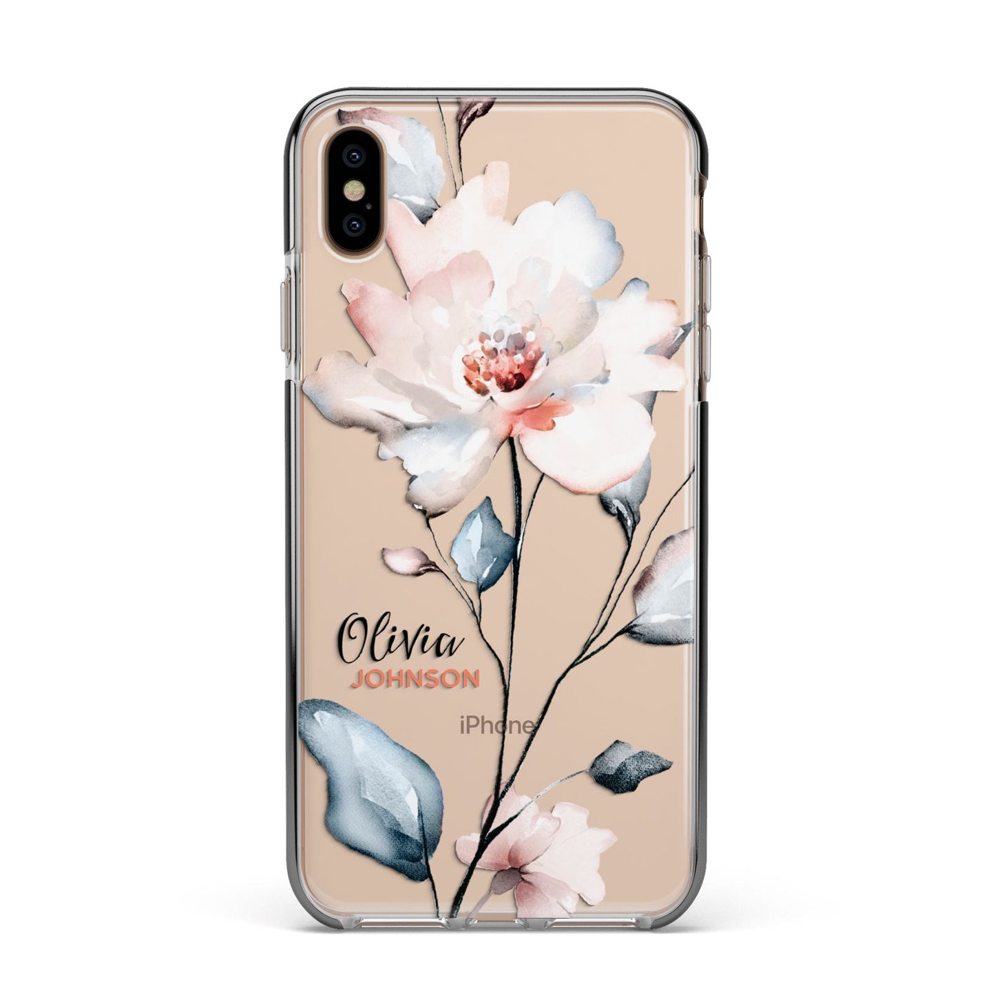 Personalised Name Watercolour Roses Apple iPhone Xs Max Impact Case Black Edge on Gold Phone