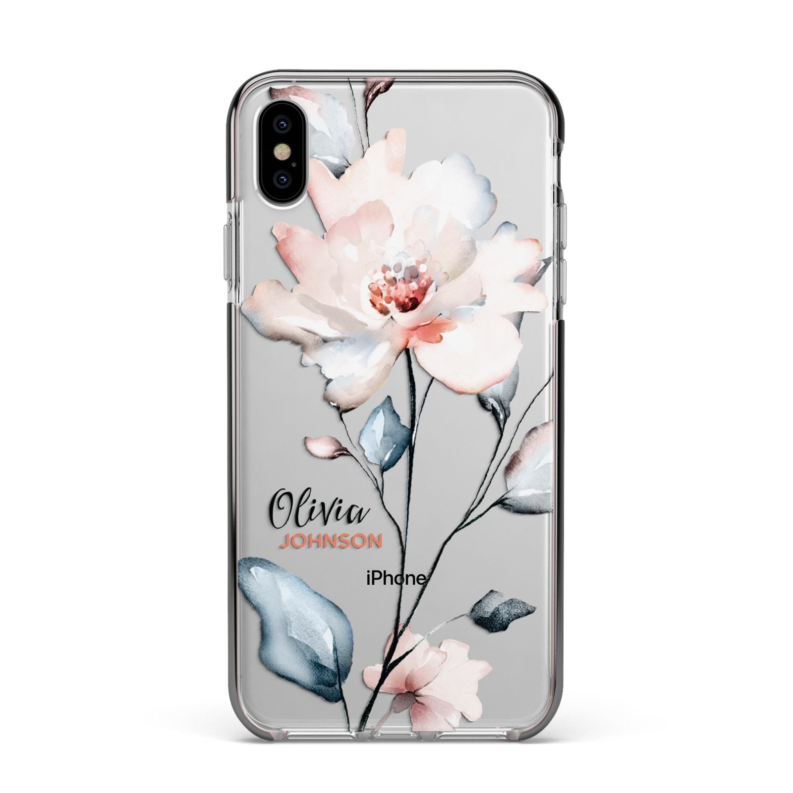 Personalised Name Watercolour Roses Apple iPhone Xs Max Impact Case Black Edge on Silver Phone