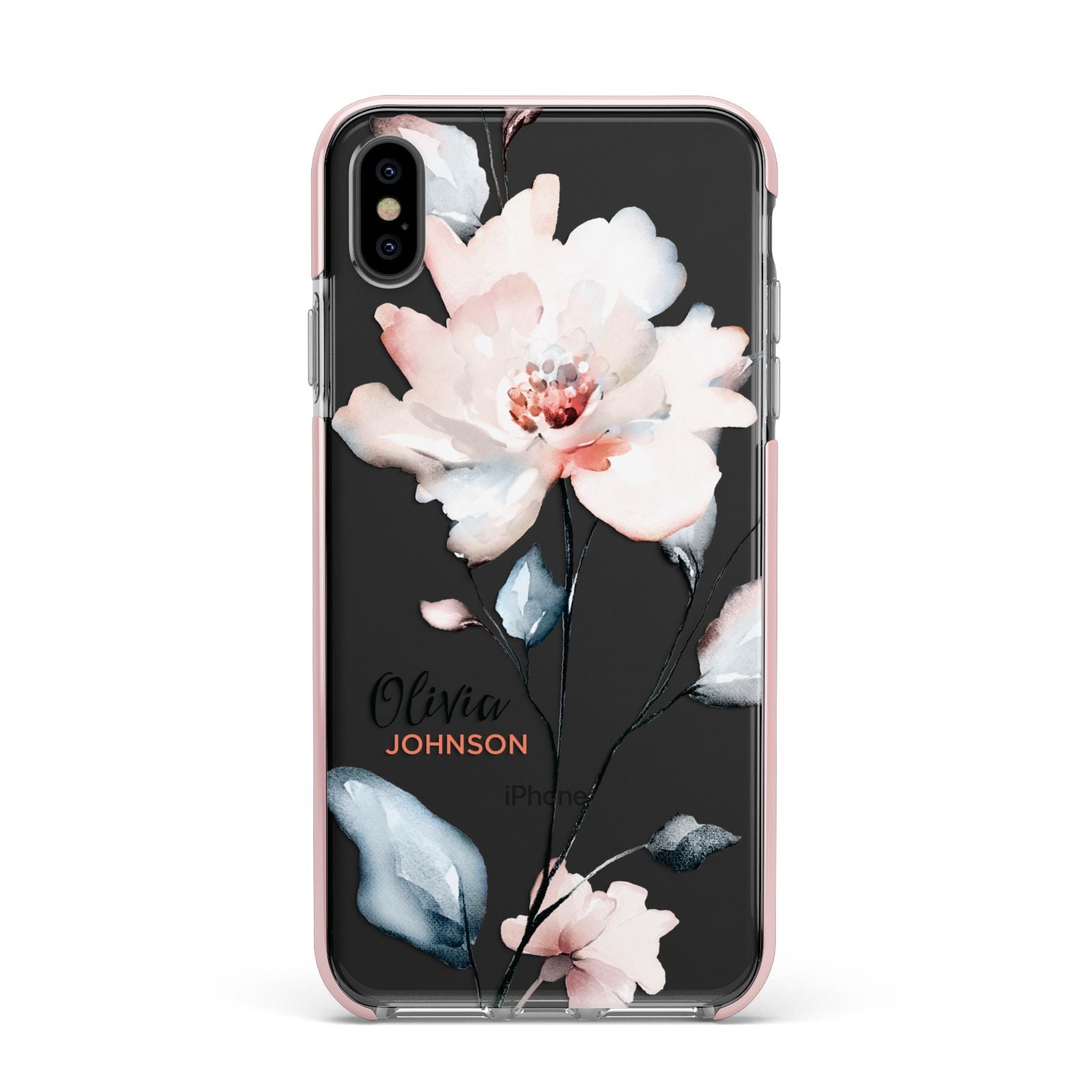 Personalised Name Watercolour Roses Apple iPhone Xs Max Impact Case Pink Edge on Black Phone