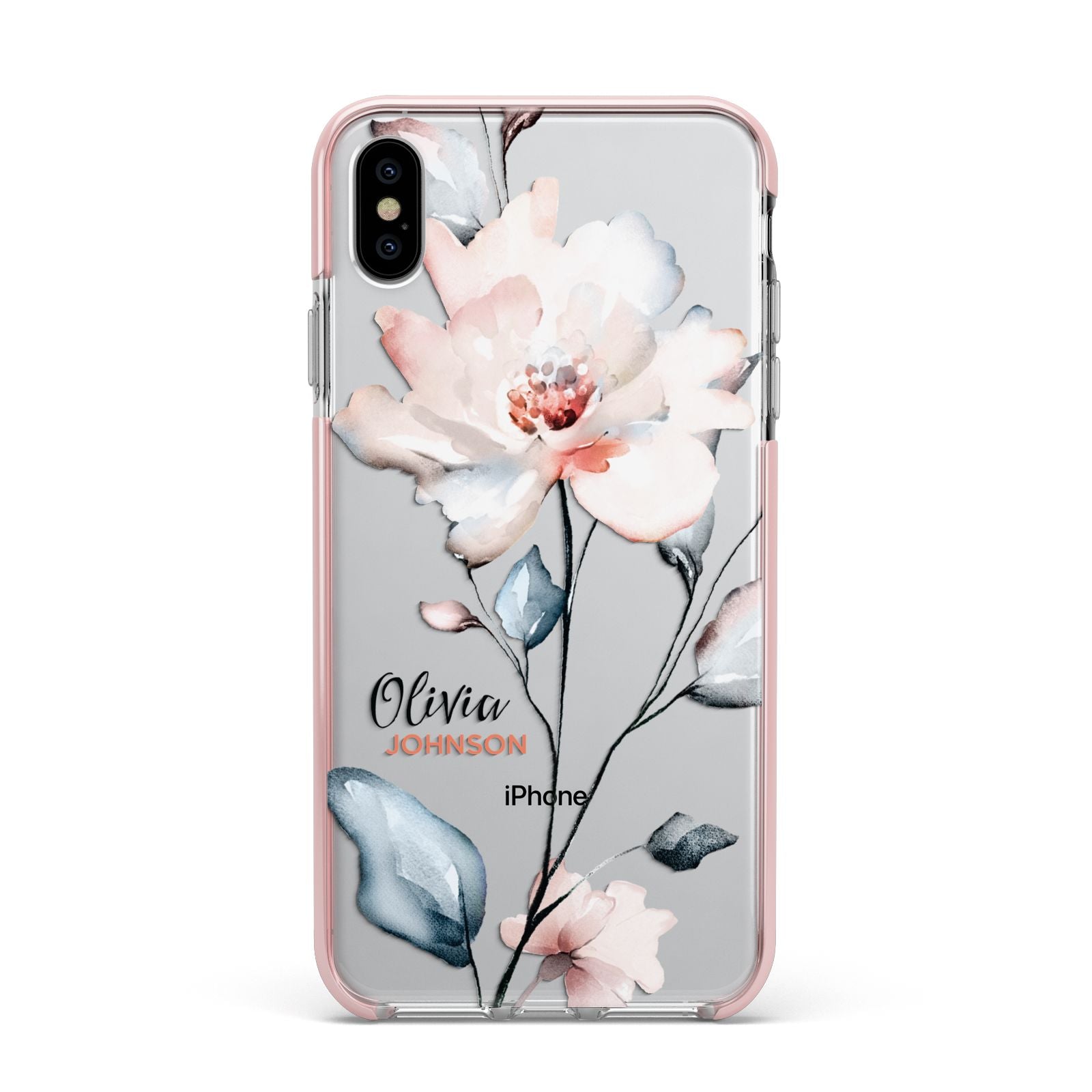 Personalised Name Watercolour Roses Apple iPhone Xs Max Impact Case Pink Edge on Silver Phone