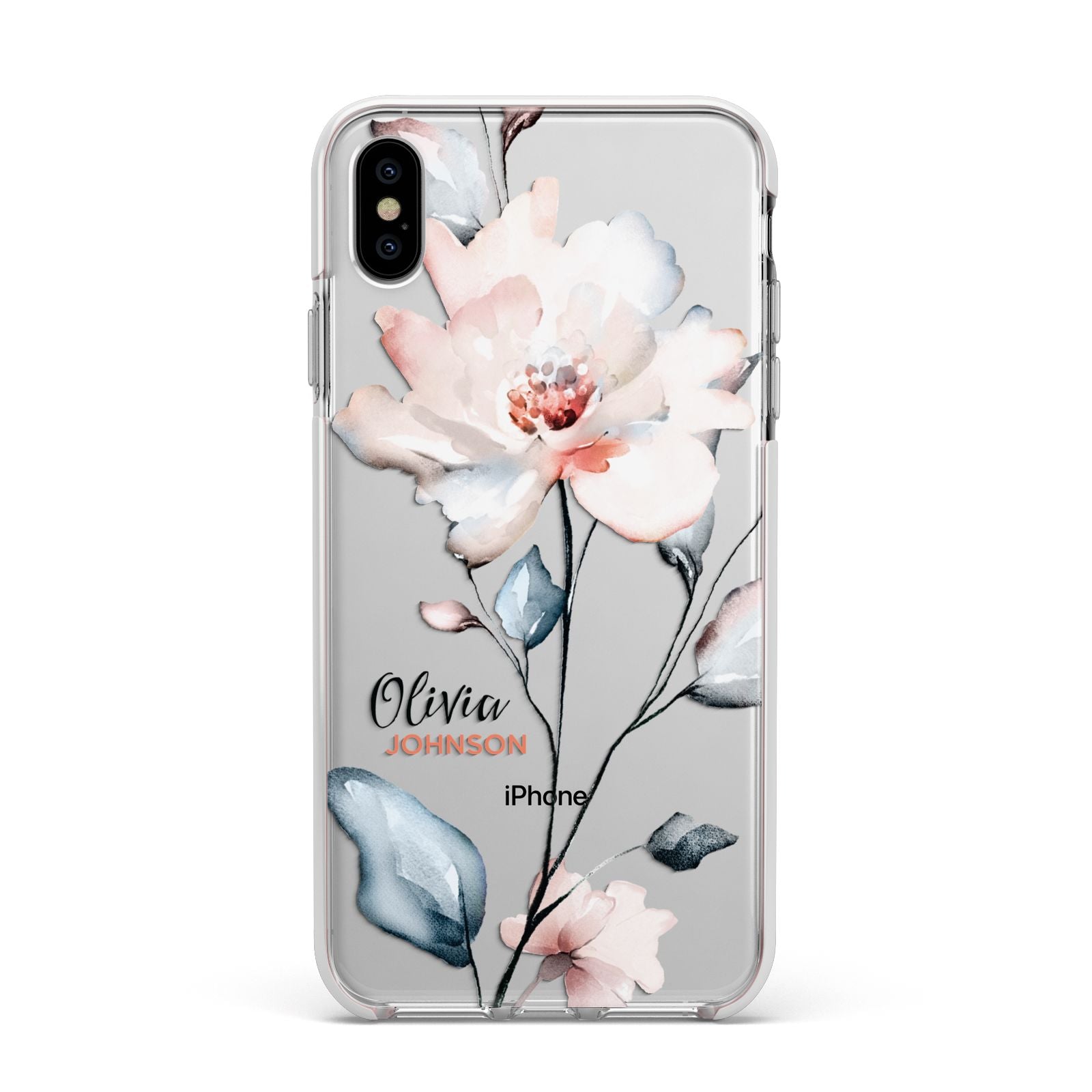 Personalised Name Watercolour Roses Apple iPhone Xs Max Impact Case White Edge on Silver Phone