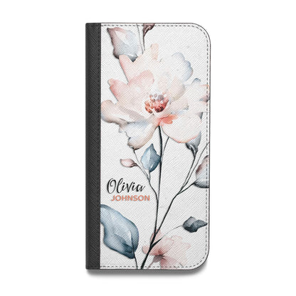 Personalised Name Watercolour Roses Vegan Leather Flip Samsung Case