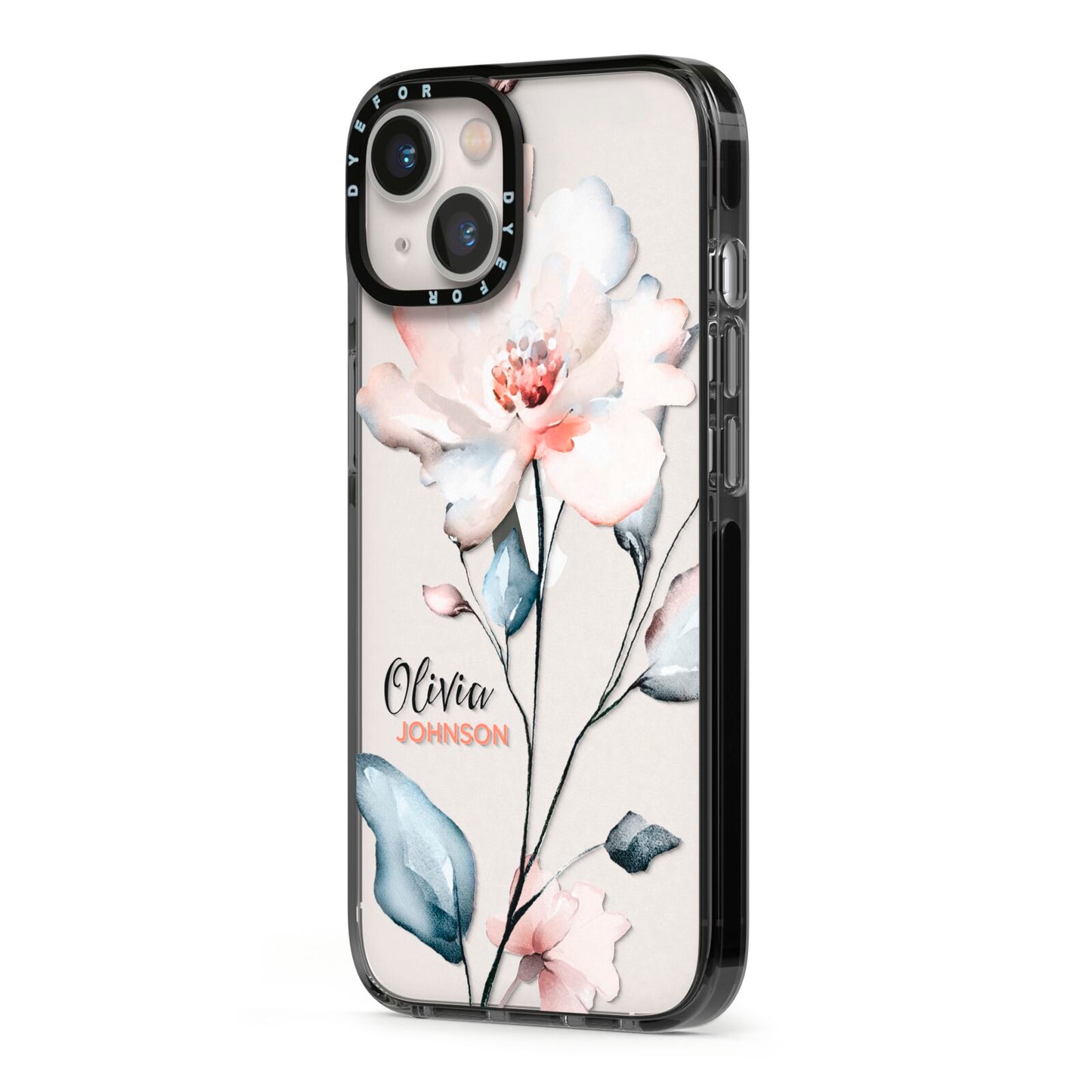 Personalised Name Watercolour Roses iPhone 13 Black Impact Case Side Angle on Silver phone