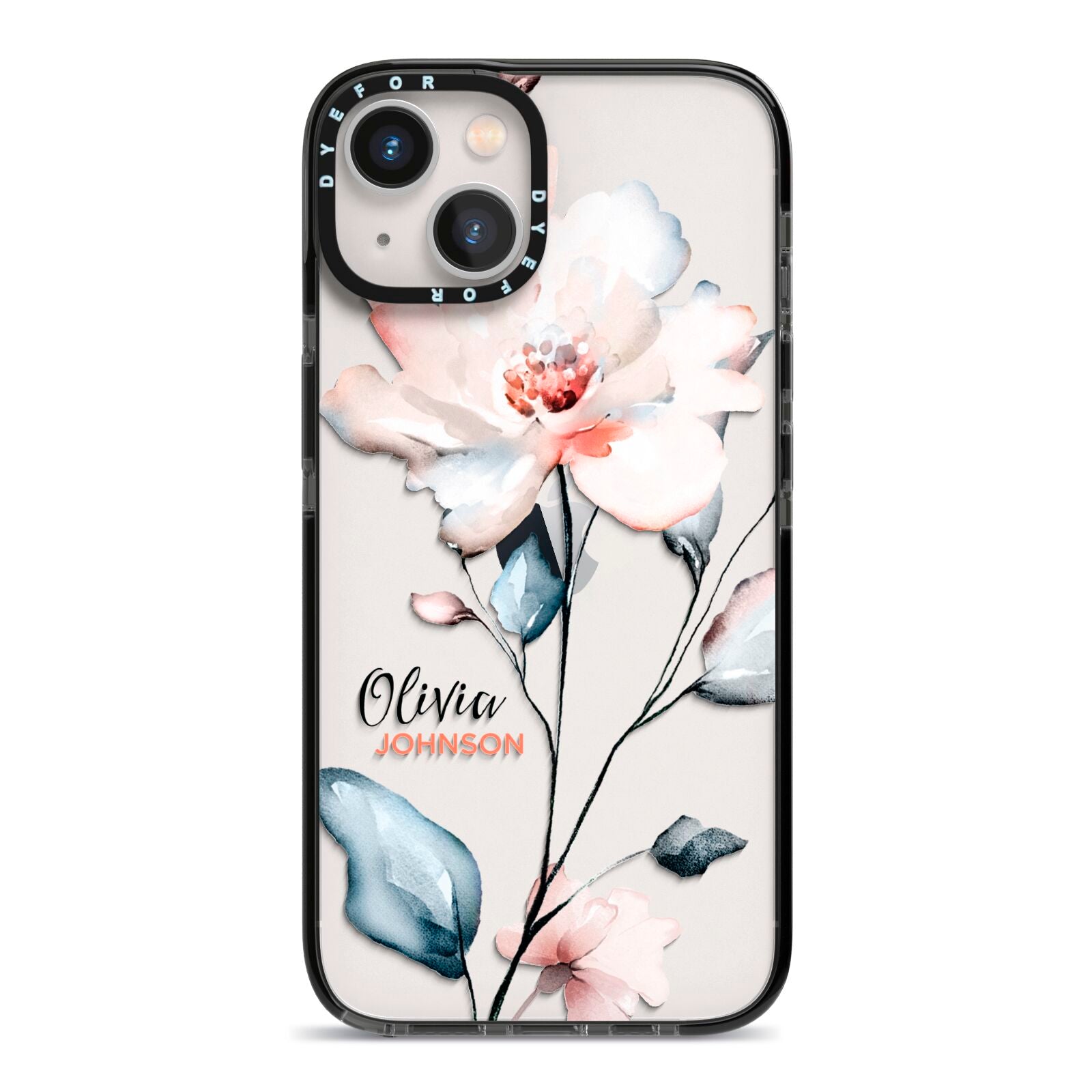 Personalised Name Watercolour Roses iPhone 13 Black Impact Case on Silver phone