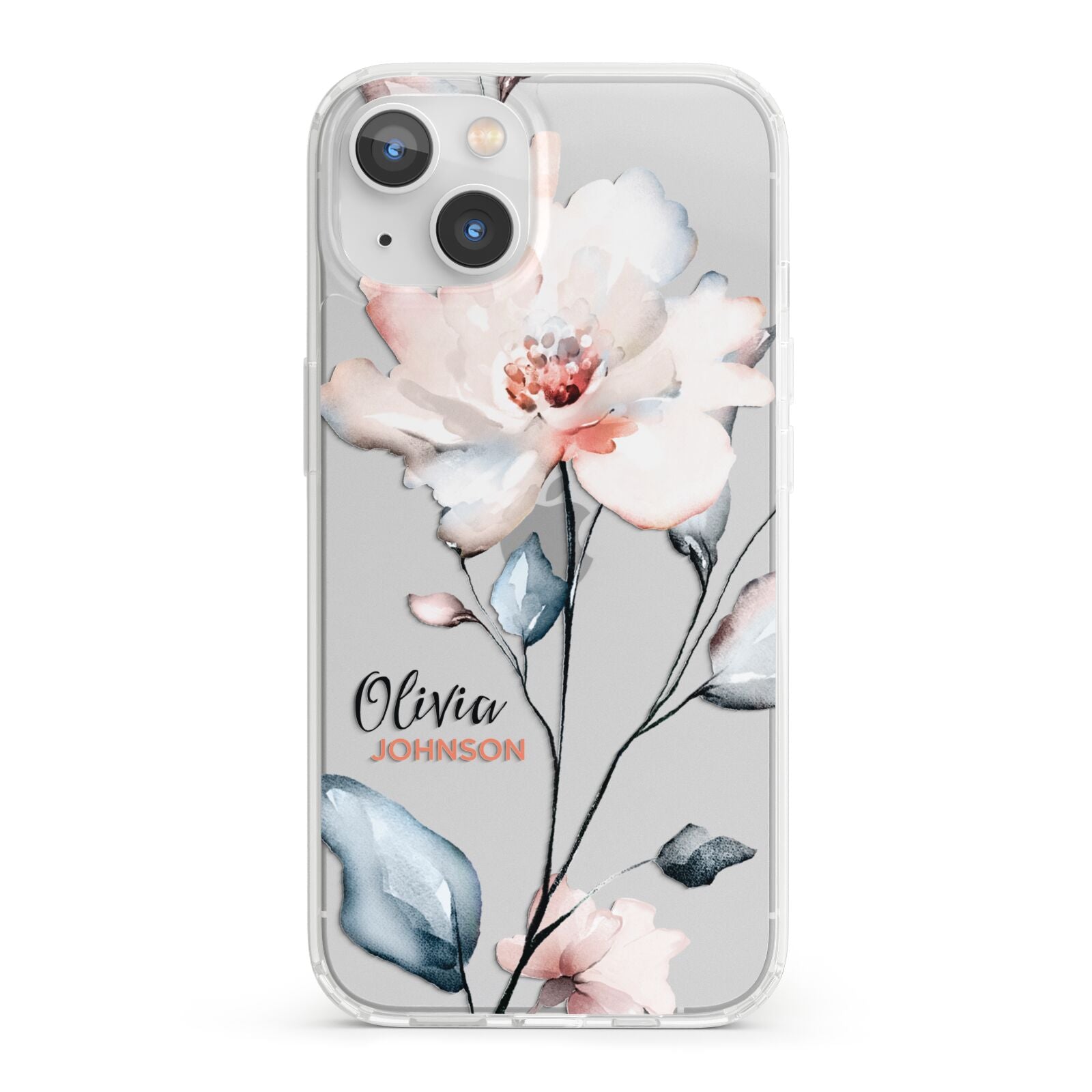 Personalised Name Watercolour Roses iPhone 13 Clear Bumper Case