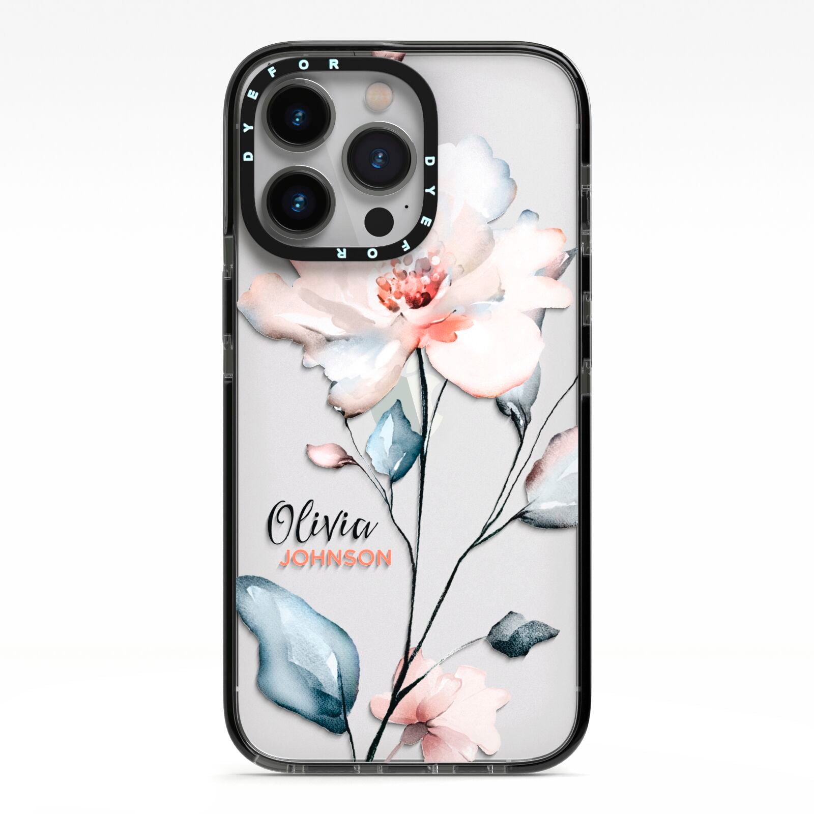 Personalised Name Watercolour Roses iPhone 13 Pro Black Impact Case on Silver phone