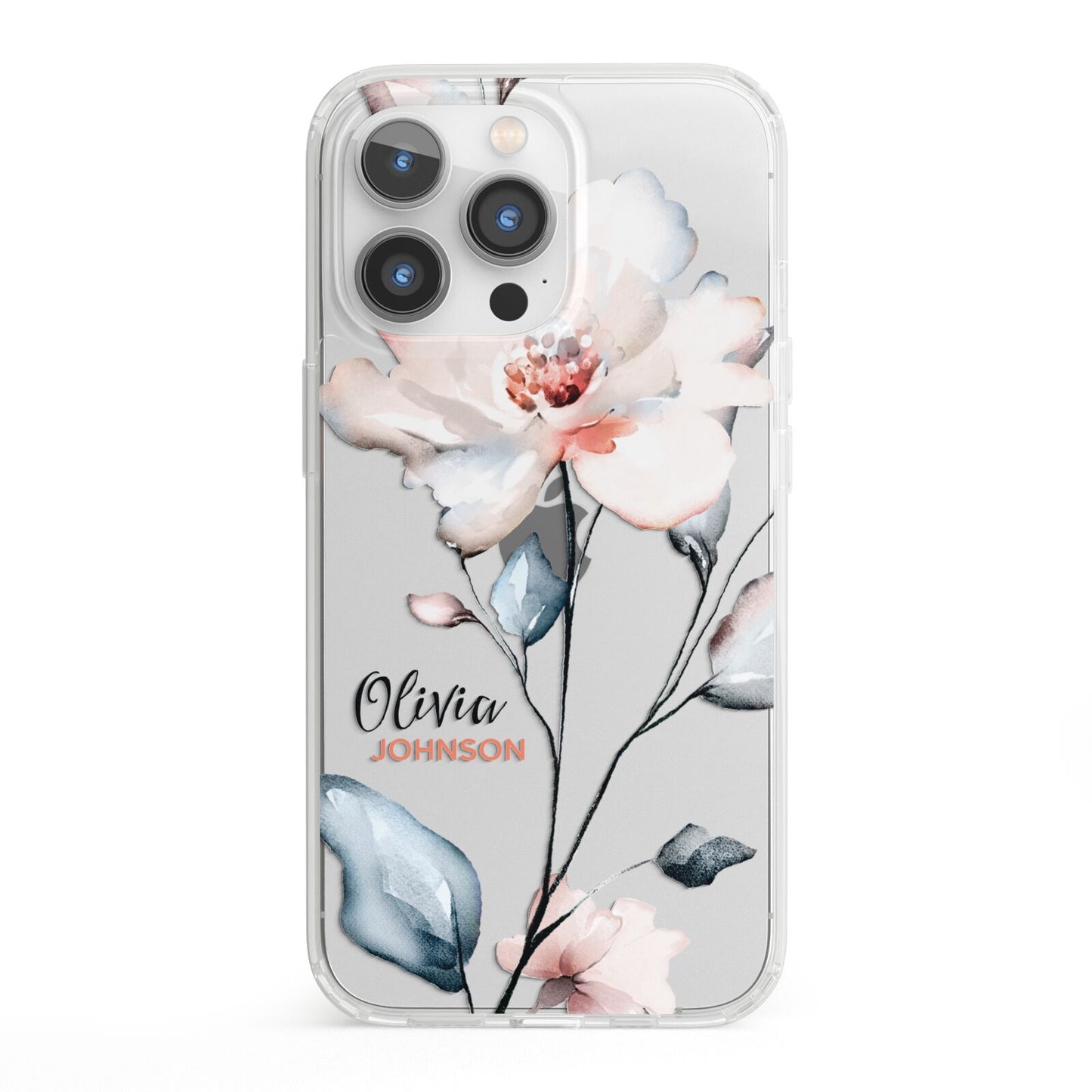 Personalised Name Watercolour Roses iPhone 13 Pro Clear Bumper Case