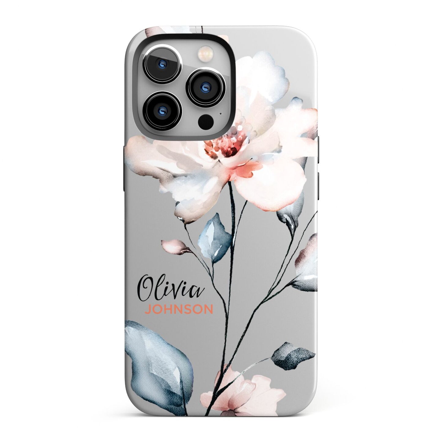 Personalised Name Watercolour Roses iPhone 13 Pro Full Wrap 3D Tough Case