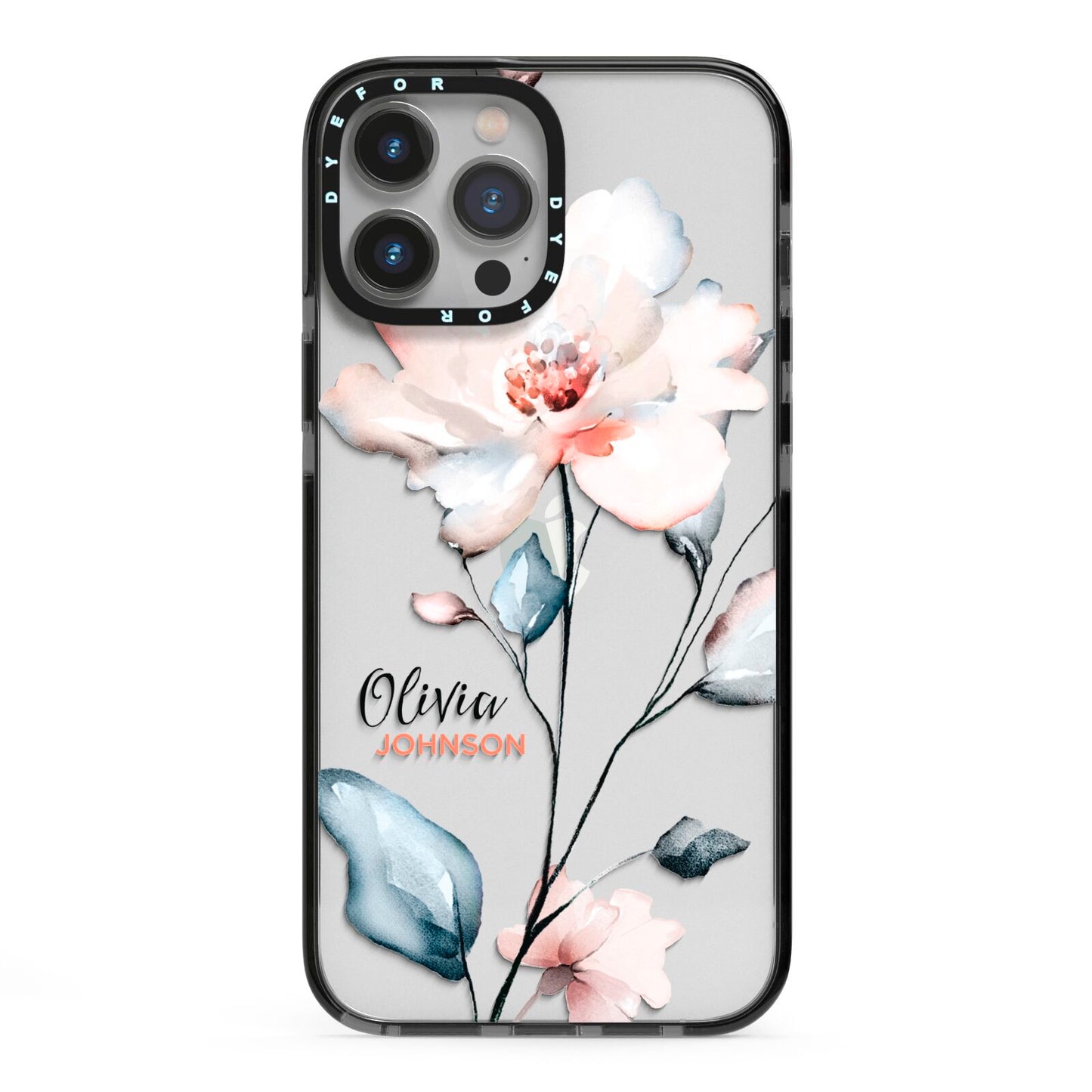 Personalised Name Watercolour Roses iPhone 13 Pro Max Black Impact Case on Silver phone