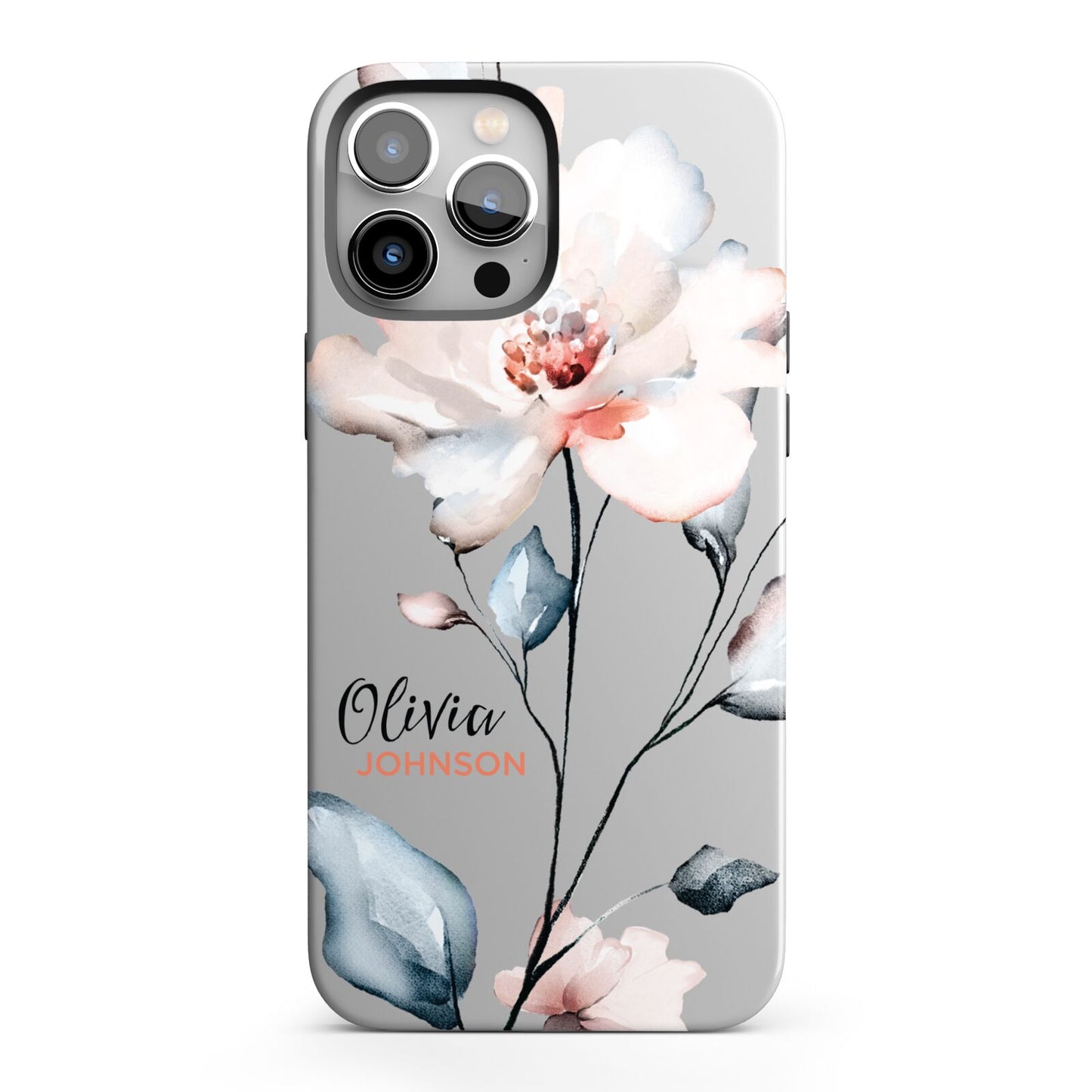 Personalised Name Watercolour Roses iPhone 13 Pro Max Full Wrap 3D Tough Case