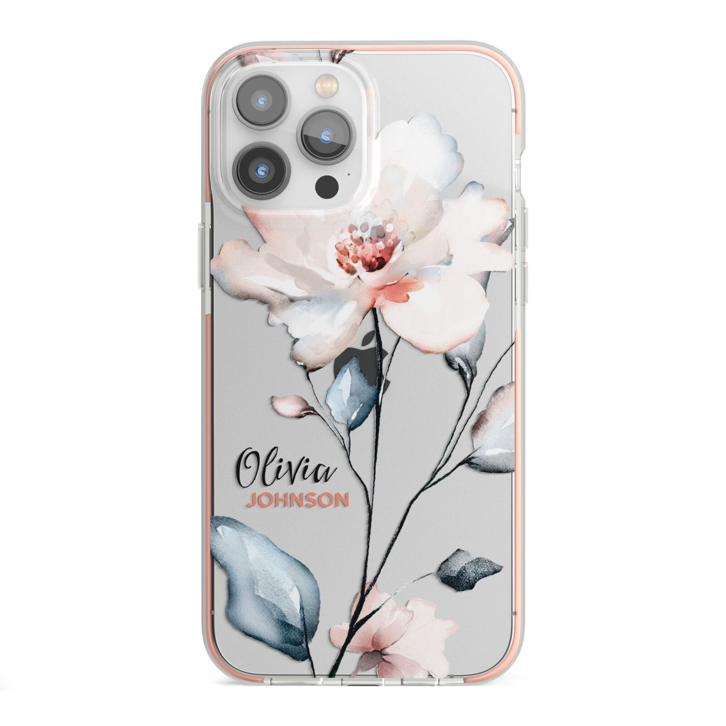 Personalised Name Watercolour Roses iPhone 13 Pro Max TPU Impact Case with Pink Edges