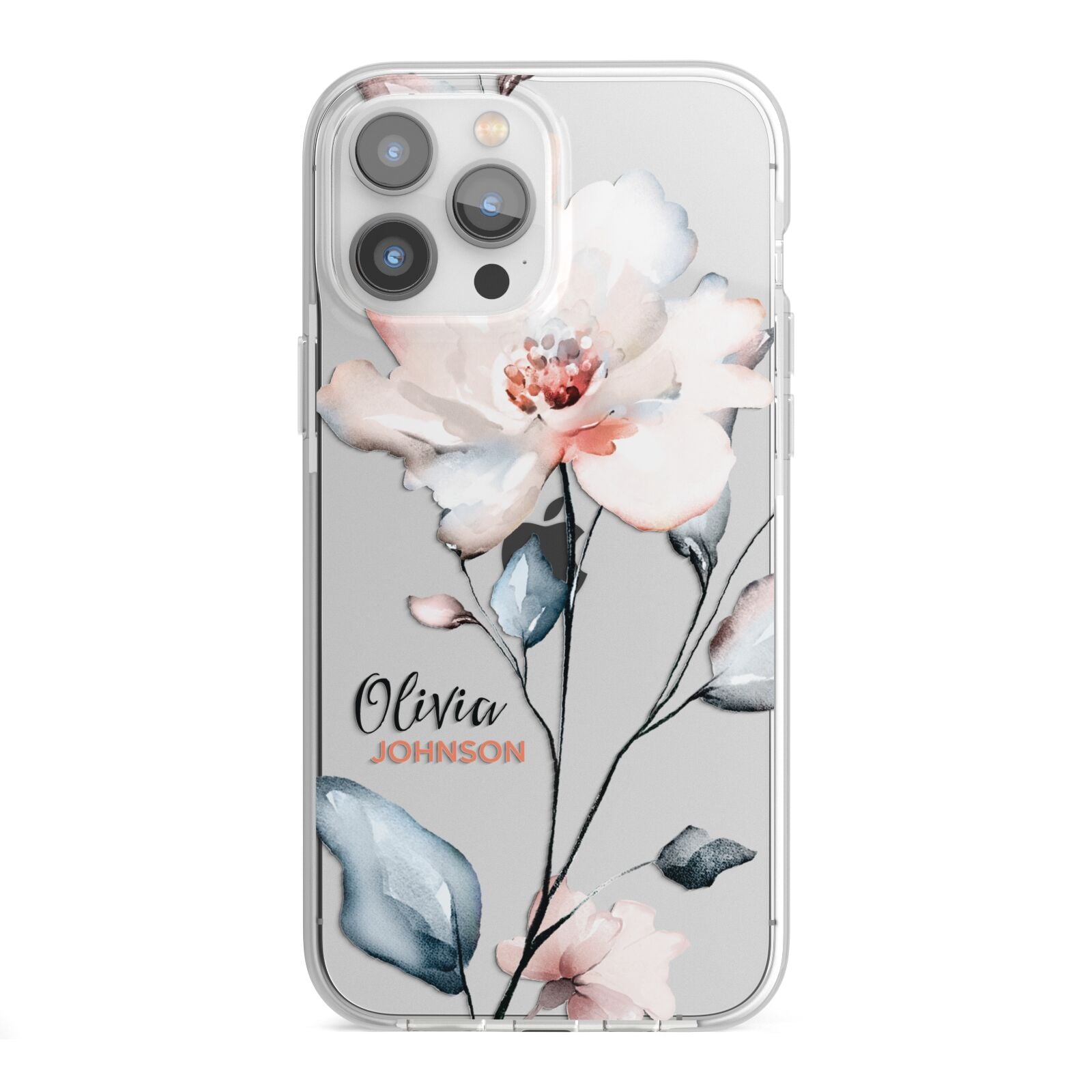 Personalised Name Watercolour Roses iPhone 13 Pro Max TPU Impact Case with White Edges