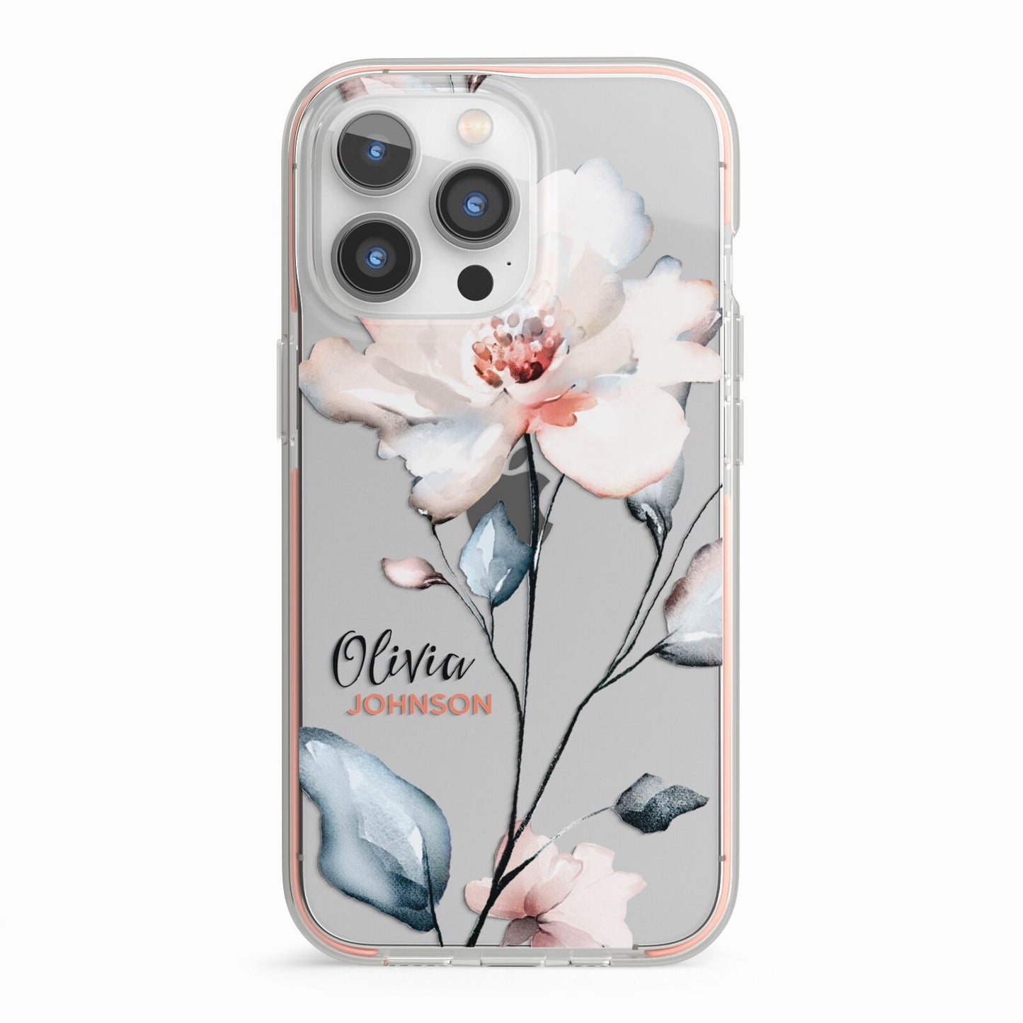 Personalised Name Watercolour Roses iPhone 13 Pro TPU Impact Case with Pink Edges