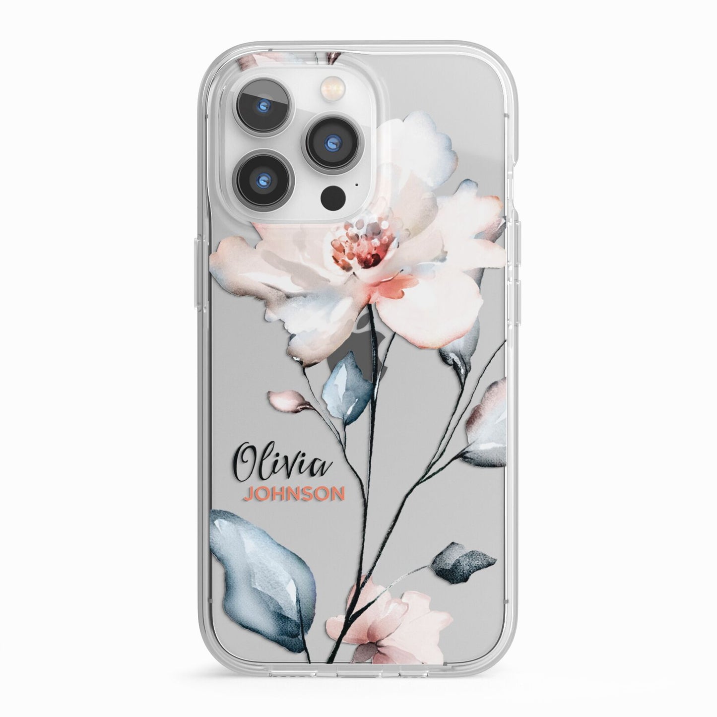 Personalised Name Watercolour Roses iPhone 13 Pro TPU Impact Case with White Edges