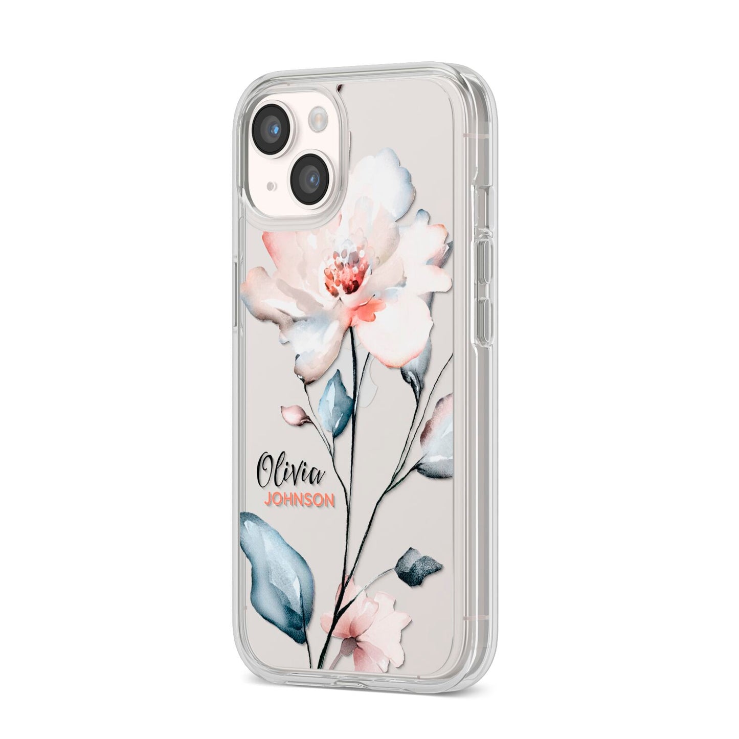 Personalised Name Watercolour Roses iPhone 14 Clear Tough Case Starlight Angled Image