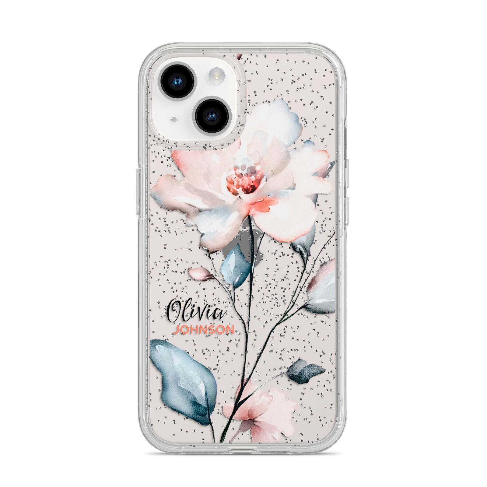 Personalised Name Watercolour Roses iPhone 14 Glitter Tough Case Starlight