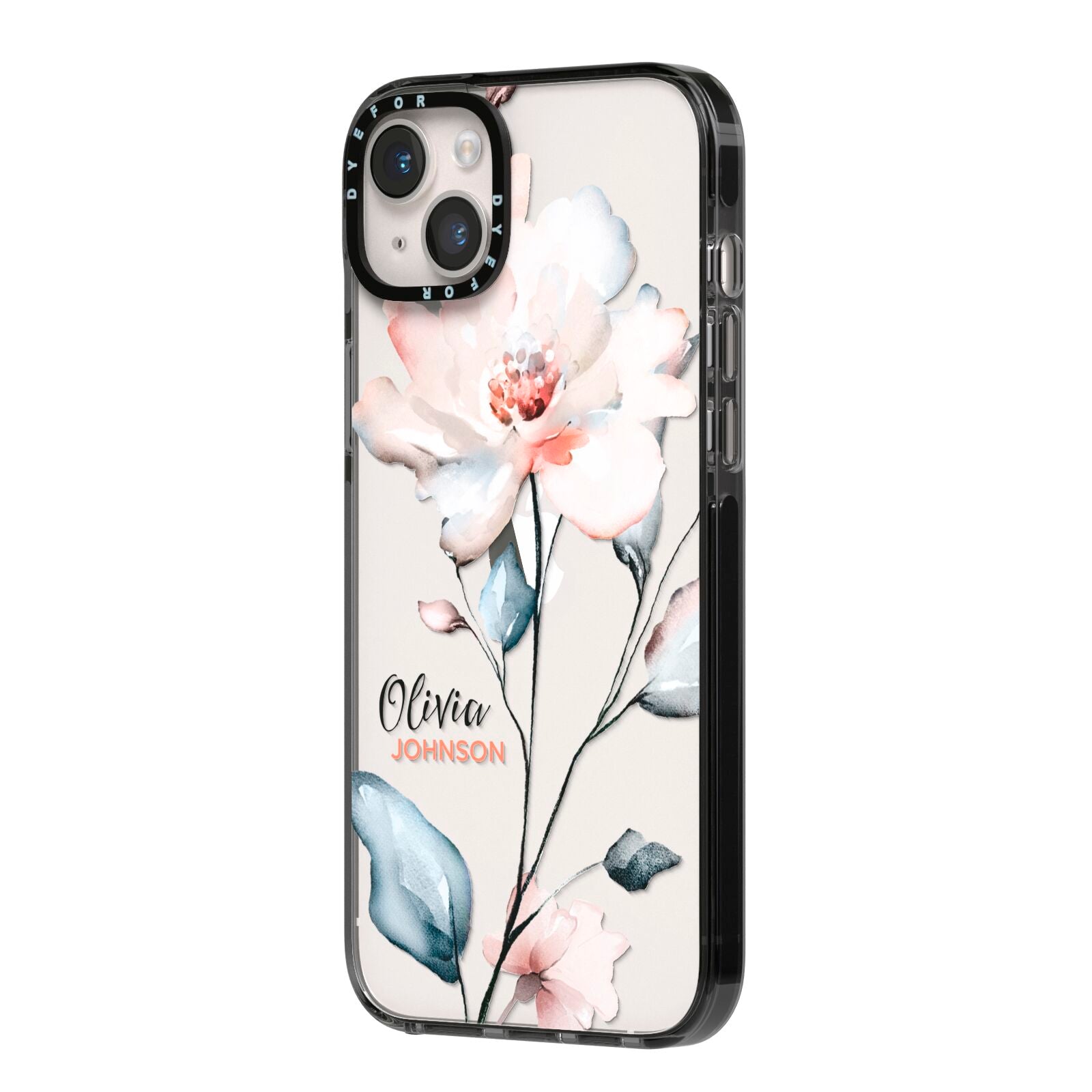 Personalised Name Watercolour Roses iPhone 14 Plus Black Impact Case Side Angle on Silver phone