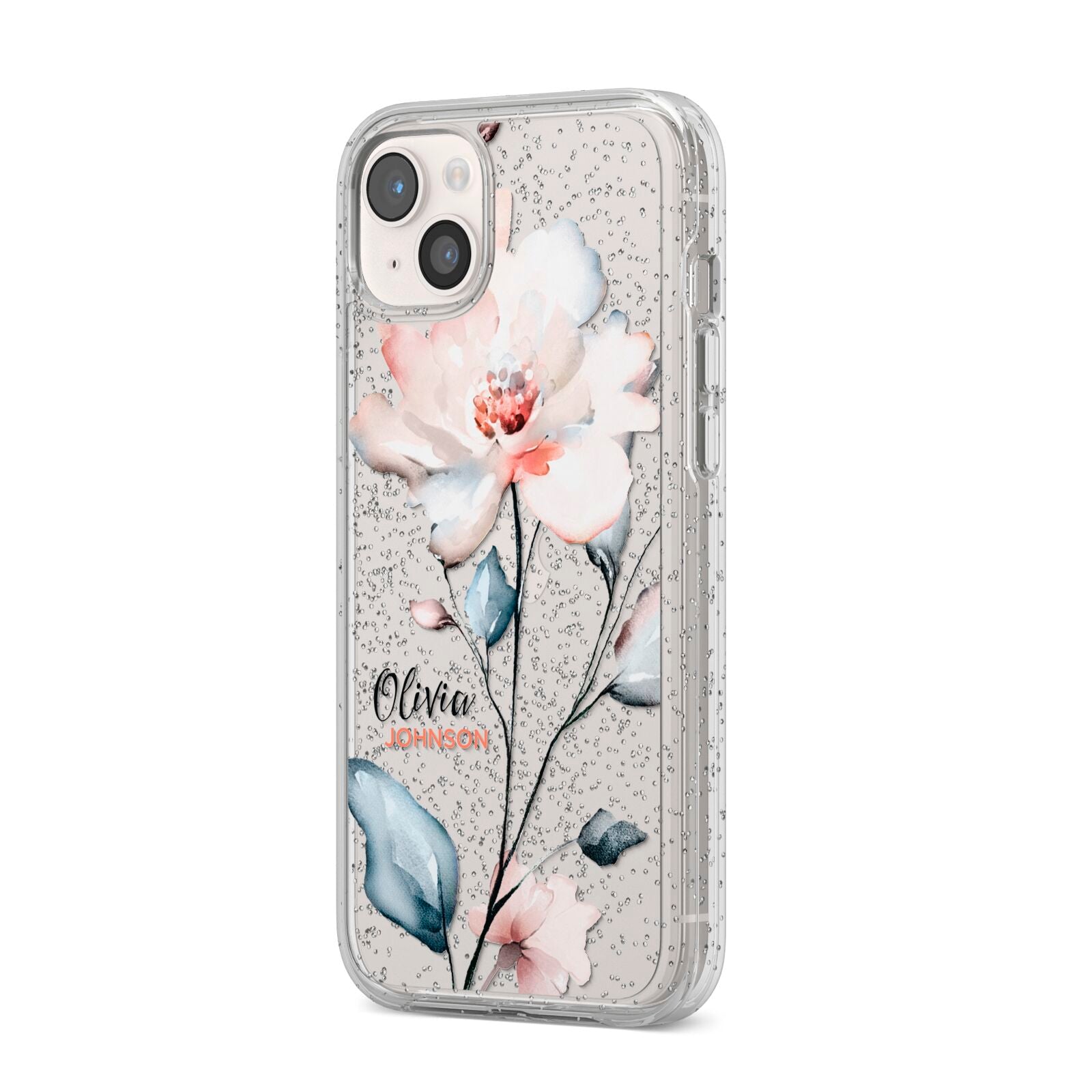 Personalised Name Watercolour Roses iPhone 14 Plus Glitter Tough Case Starlight Angled Image