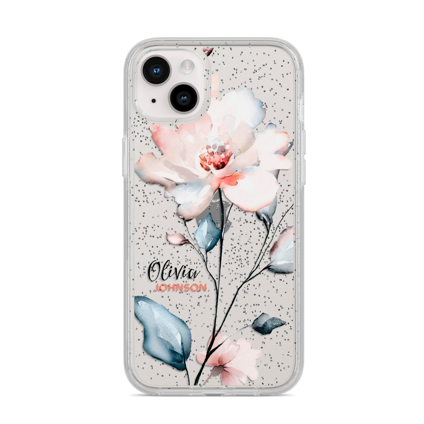 Personalised Name Watercolour Roses iPhone 14 Plus Glitter Tough Case Starlight