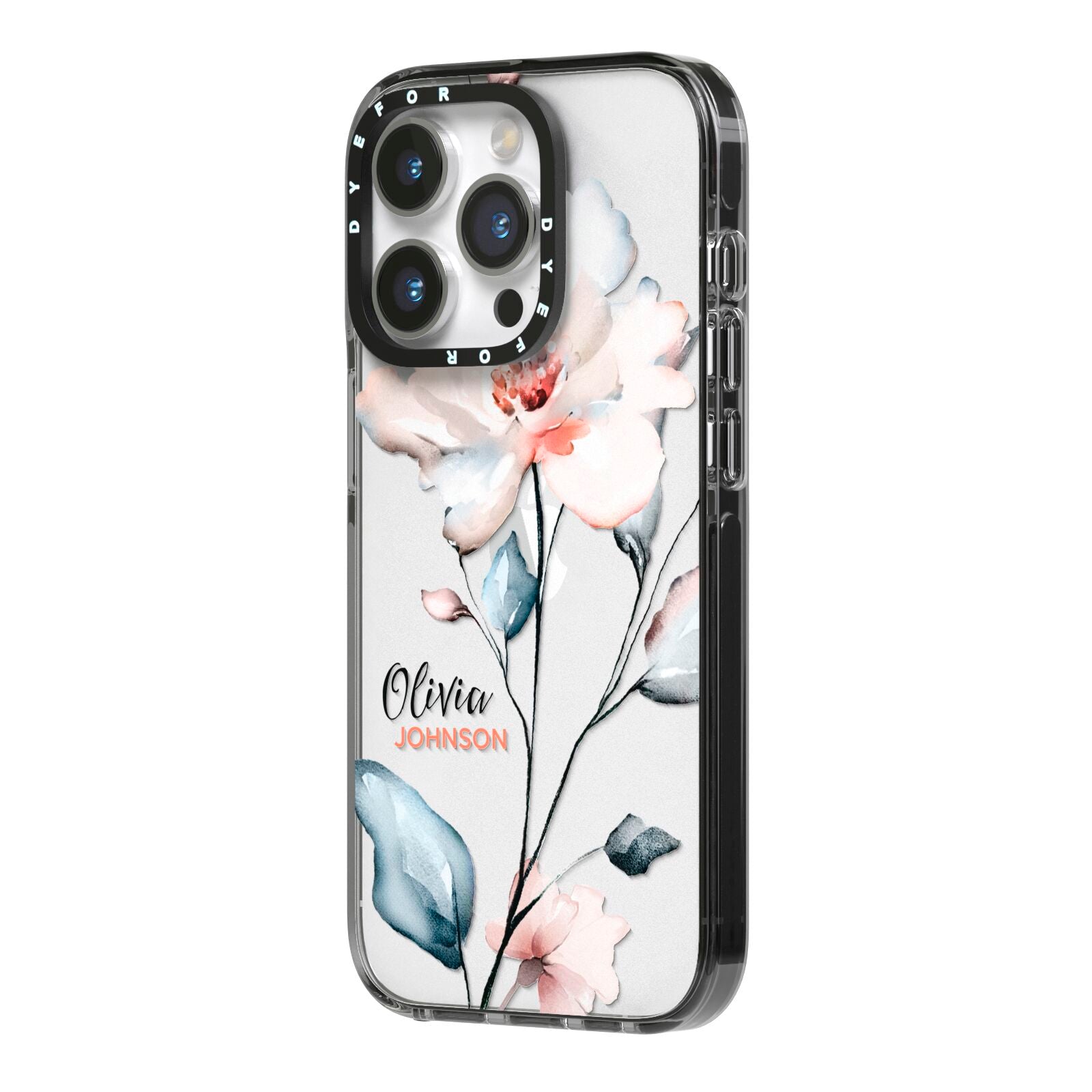 Personalised Name Watercolour Roses iPhone 14 Pro Black Impact Case Side Angle on Silver phone