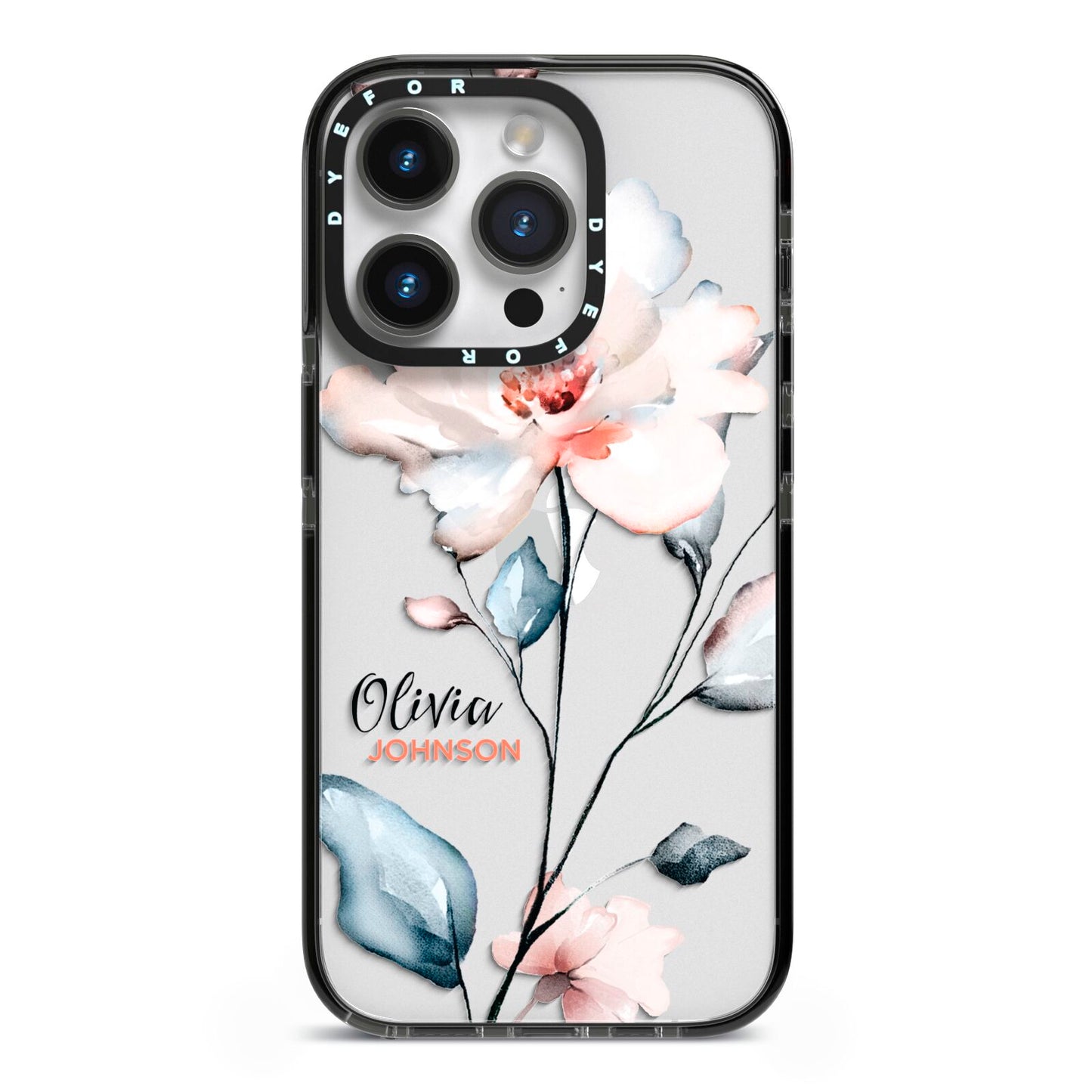 Personalised Name Watercolour Roses iPhone 14 Pro Black Impact Case on Silver phone