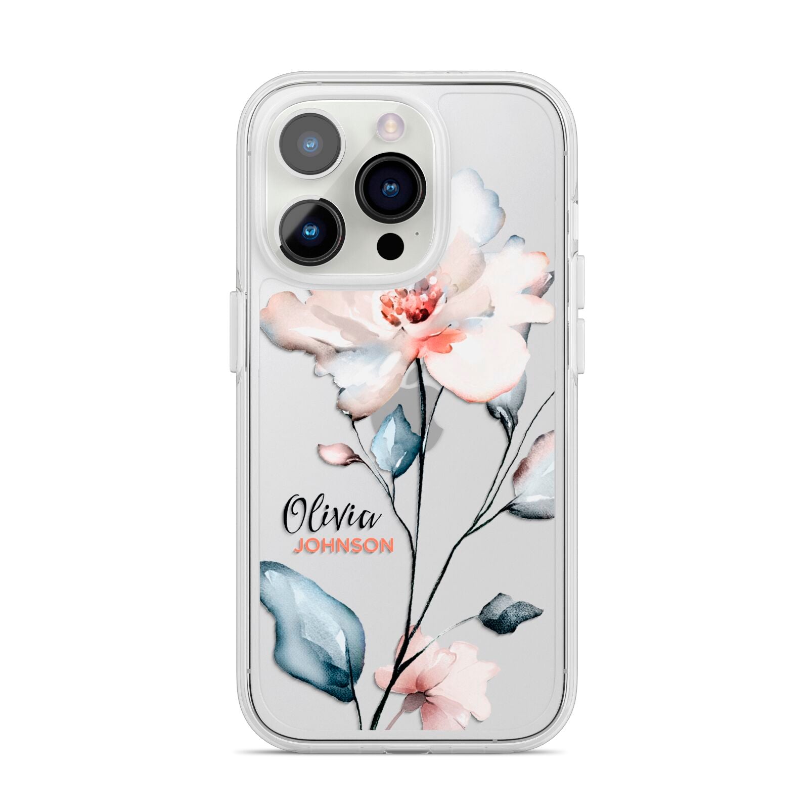 Personalised Name Watercolour Roses iPhone 14 Pro Clear Tough Case Silver