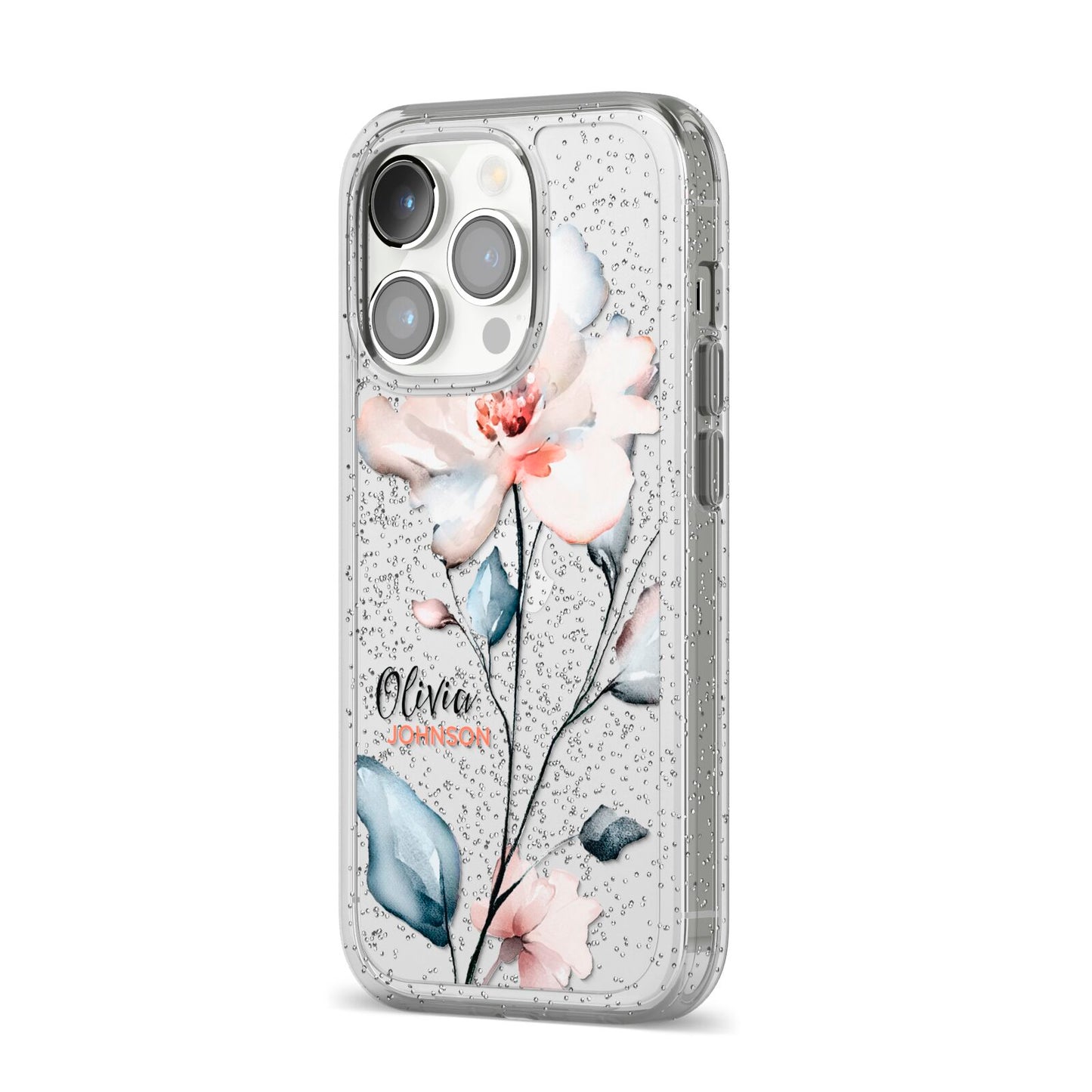 Personalised Name Watercolour Roses iPhone 14 Pro Glitter Tough Case Silver Angled Image