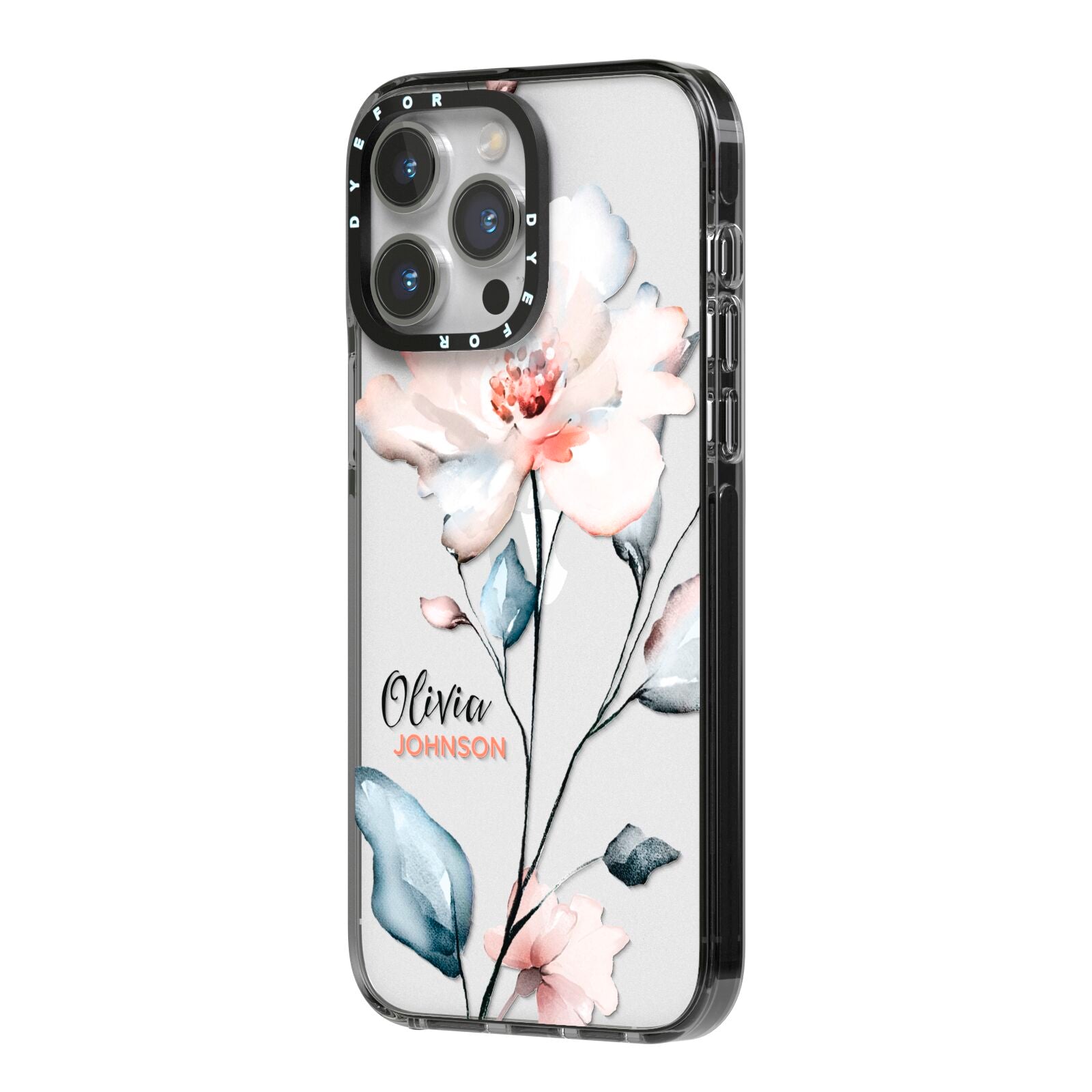 Personalised Name Watercolour Roses iPhone 14 Pro Max Black Impact Case Side Angle on Silver phone