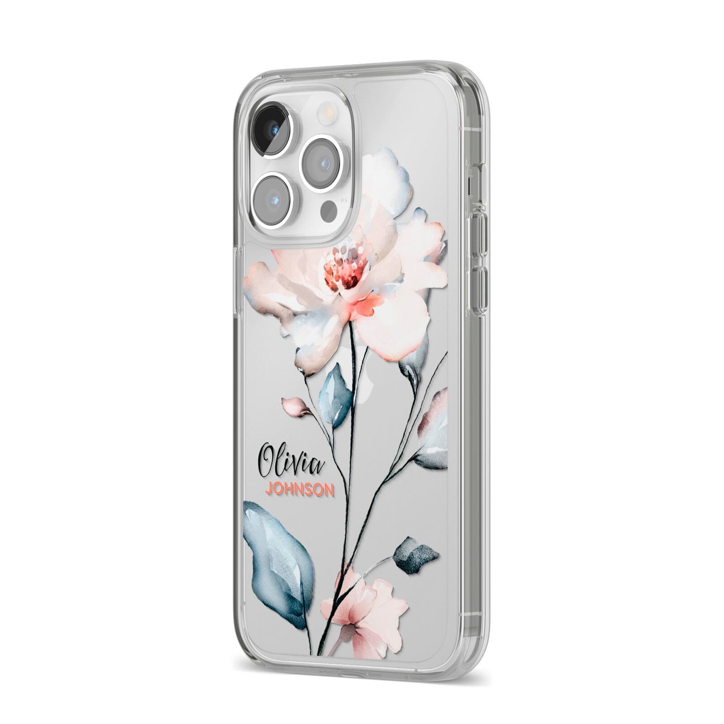Personalised Name Watercolour Roses iPhone 14 Pro Max Clear Tough Case Silver Angled Image